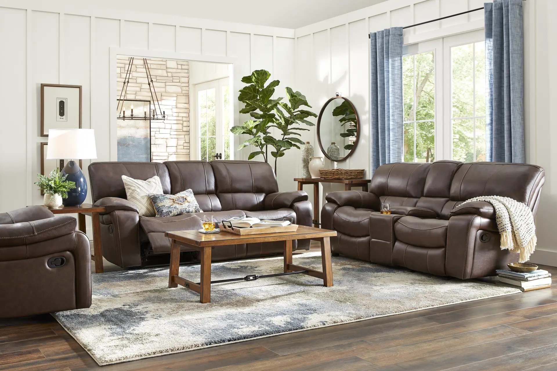 San Gabriel Brown Leather 5 Pc Reclining Living Room