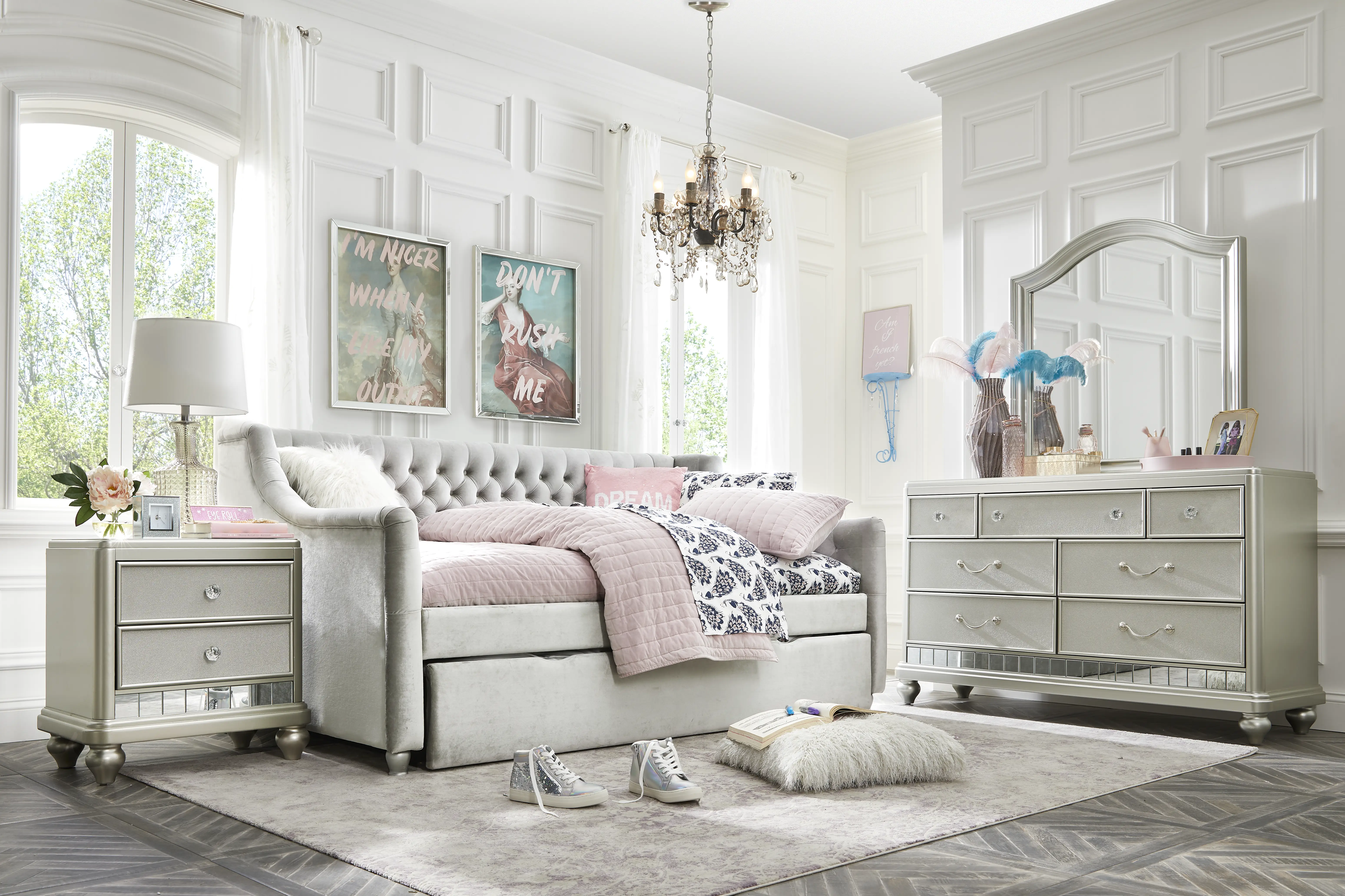 Kids Petit Paris Silver 5 Pc Twin Daybed Upholstered Bedroom - Thumbnail - Image 1