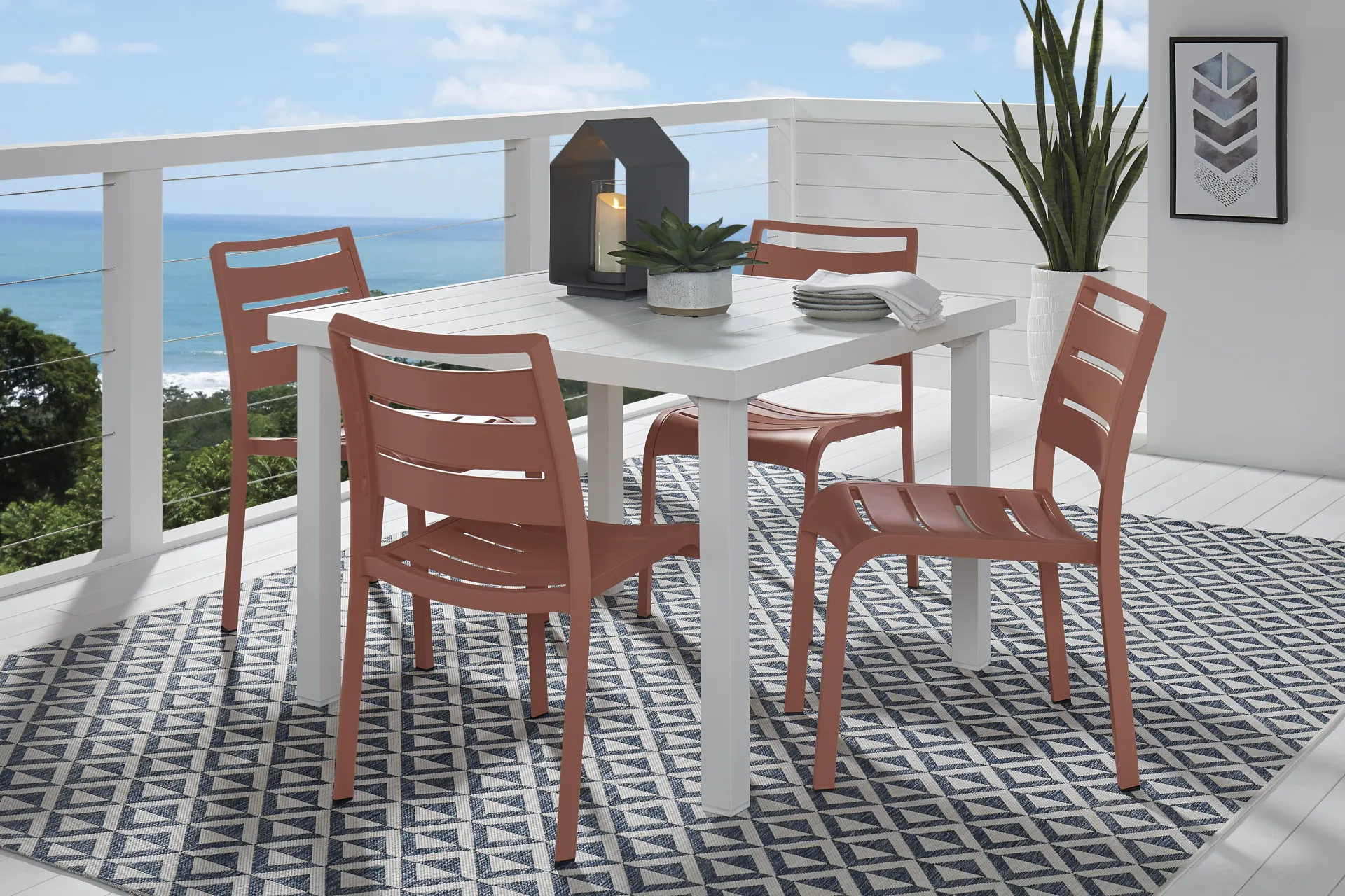 Park Walk White 5 Pc 40 in. Square Outdoor Dining Set with Coral Chairs - Image 1