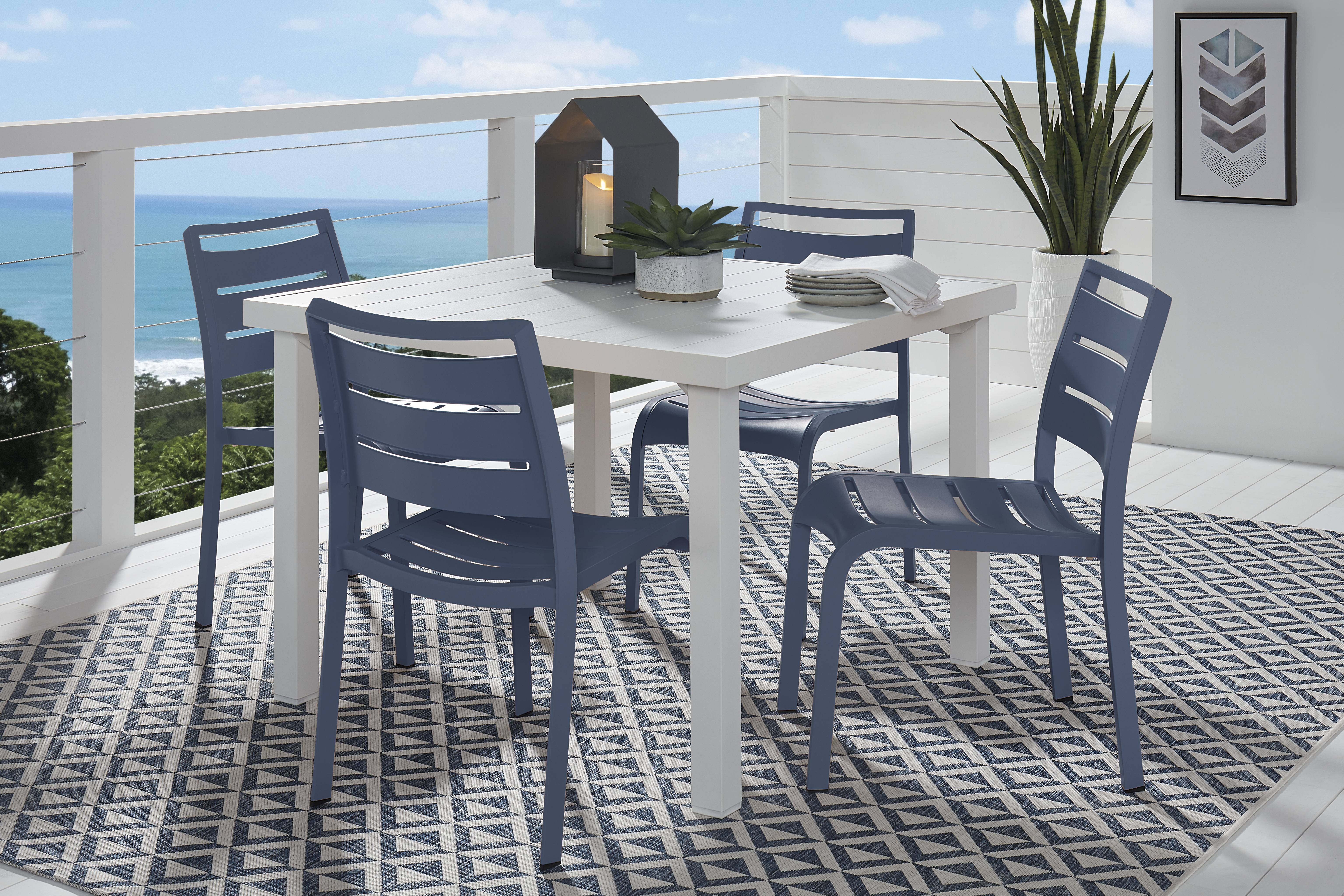 Park Walk White 5 Pc 40 in. Square Outdoor Dining Set with Navy Chairs - Thumbnail - Image 1