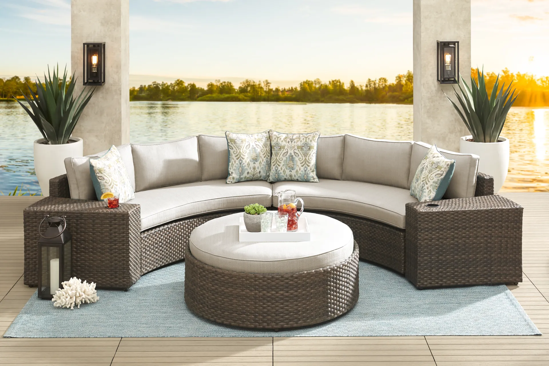 Rialto Brown 4 Pc Curved Outdoor Sectional with Putty Cushions - Image 1