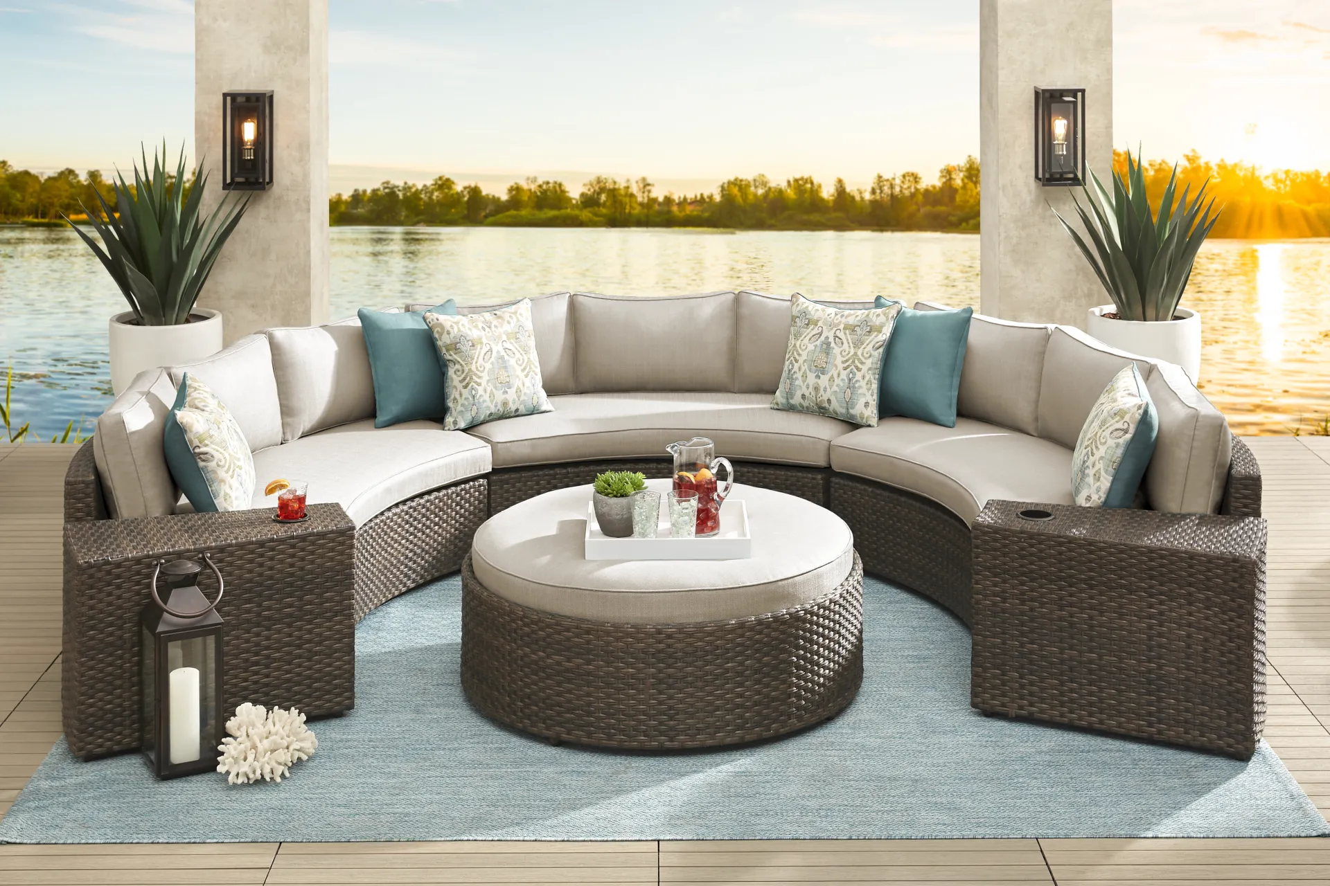 Rialto Brown 5 Pc Curved Outdoor Sectional with Putty Cushions - Image 1