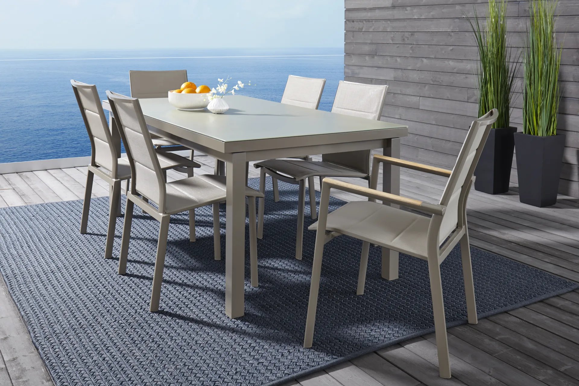 Solana Taupe 70 in. Glass Rectangle Outdoor Dining Table - Image 1
