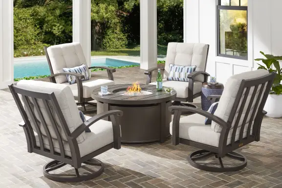 Lake Breeze Aged Bronze 5 Pc Outdoor Fire Pit Seating Set with Swivel Chairs and Parchment Cushions