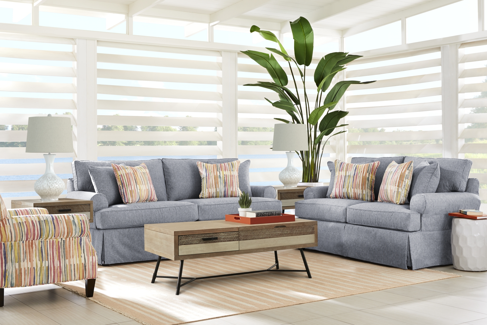 Beachside Walk Blue Denim Slipcover 7 Pc Living Room full room