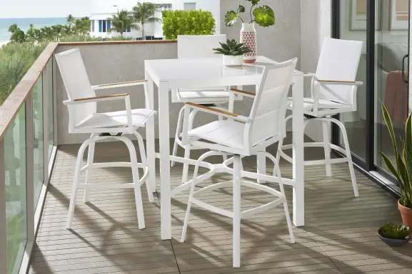 Solana White 5 Pc Outdoor Bar Height Dining Set with Swivel Barstools