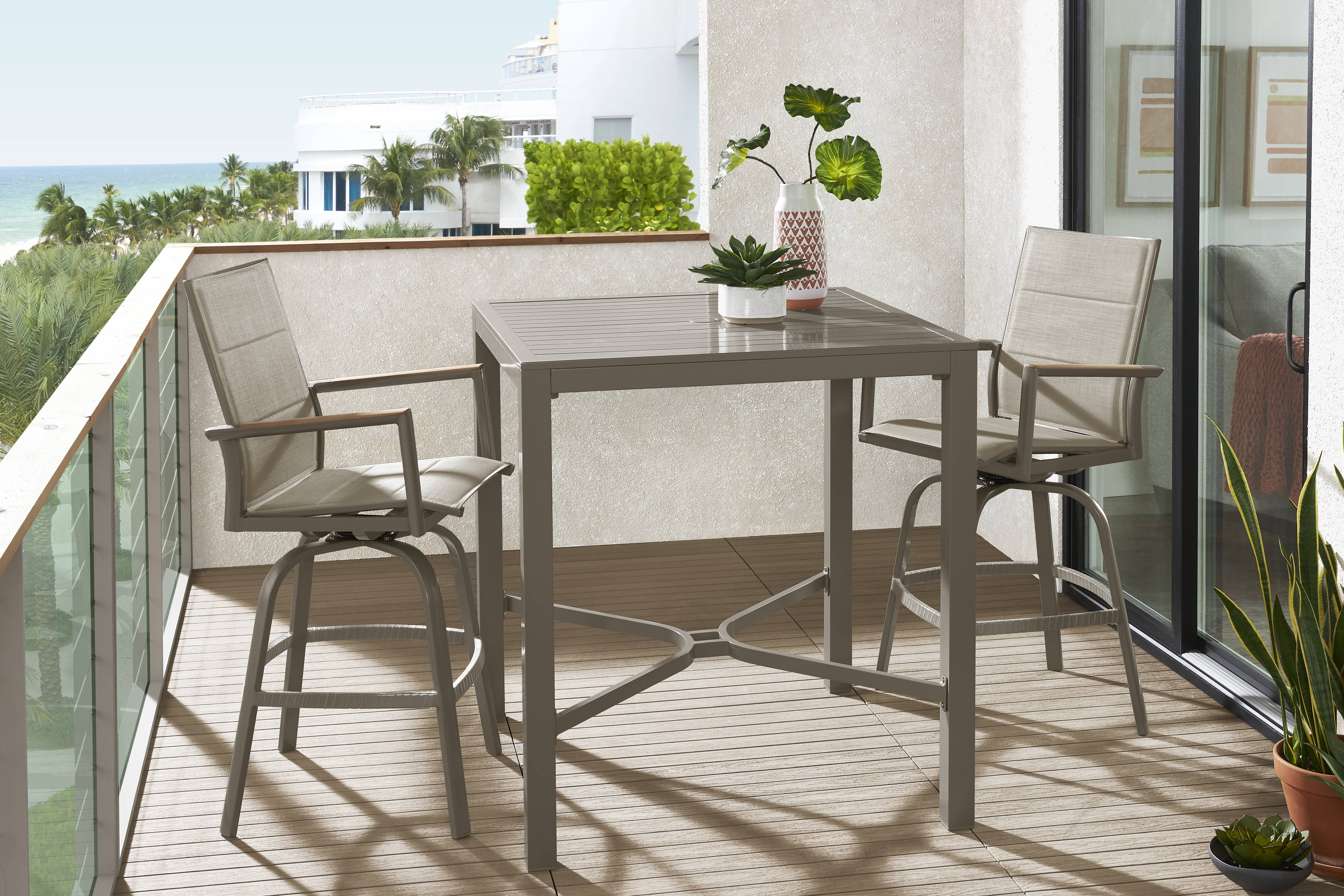 Solana Taupe 3 Pc Outdoor Bar Height Dining Set with Swivel Stools - Thumbnail - Image 1
