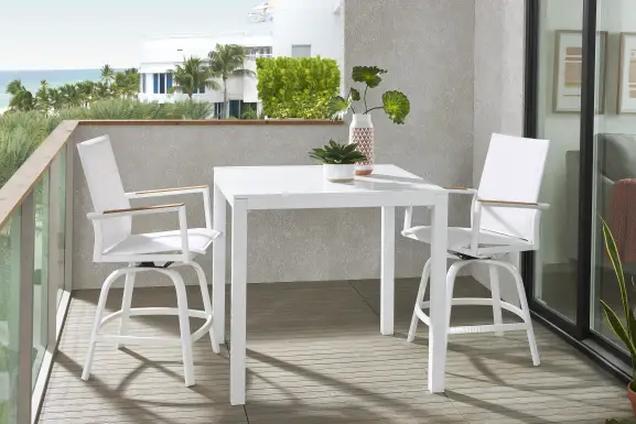 Solana White 3 Pc Outdoor Balcony Dining Set with Swivel Stools