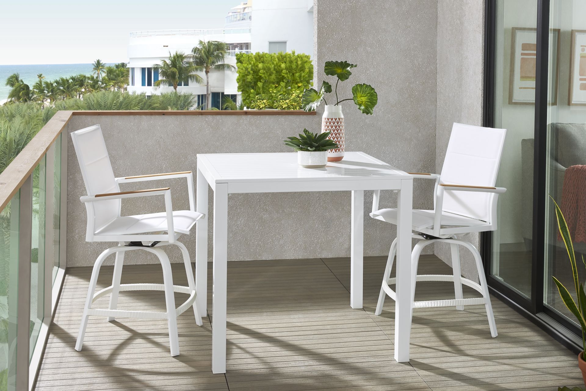 Solana White 3 Pc Outdoor Balcony Dining Set with Swivel Stools - Image 1
