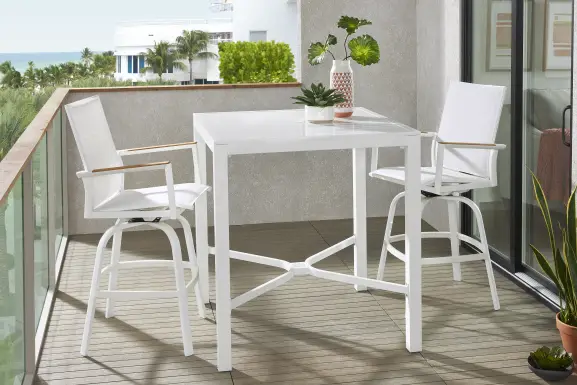Solana White 3 Pc Outdoor Bar Height Dining Set with Swivel Stools