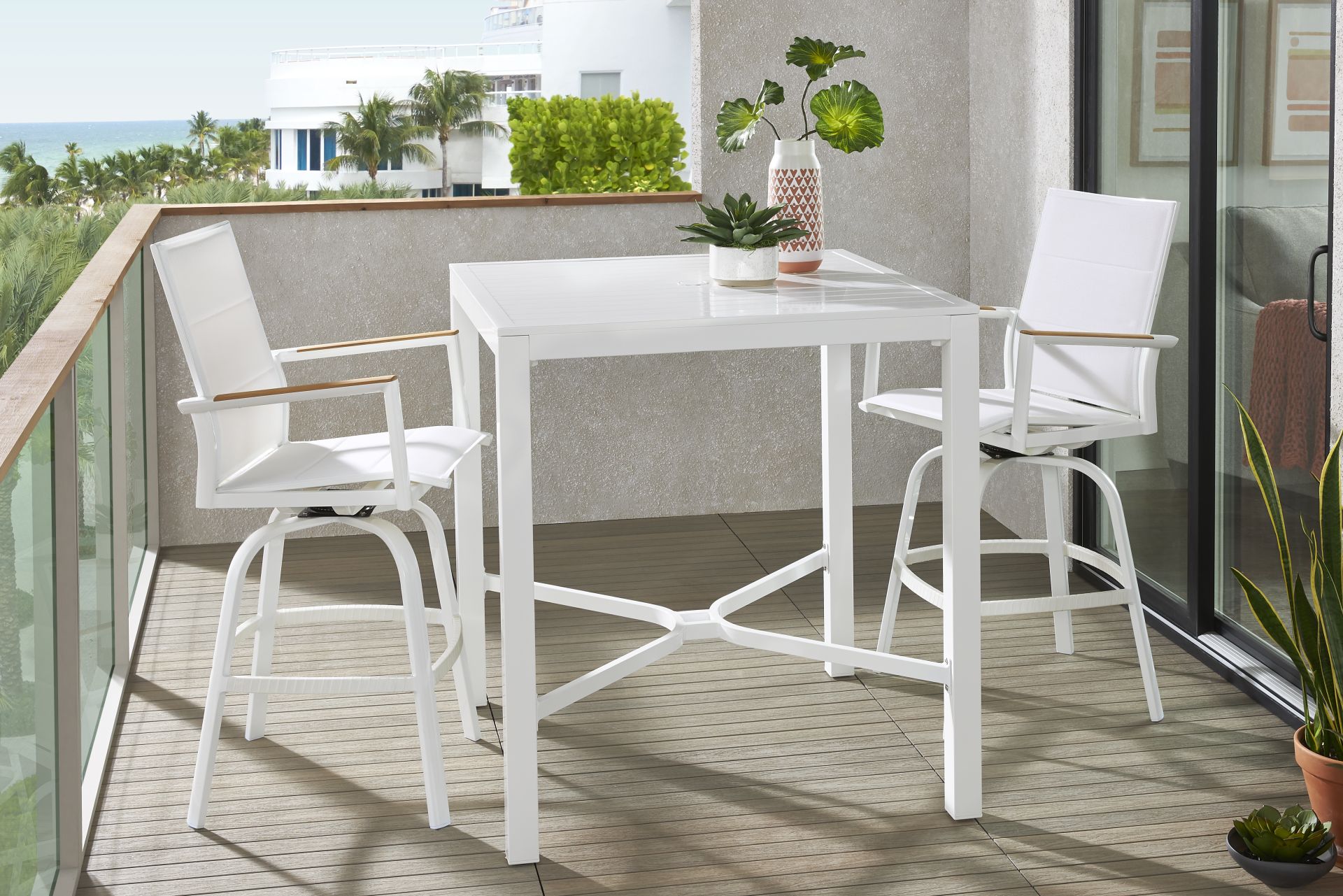 Solana White 3 Pc Outdoor Bar Height Dining Set with Swivel Stools - Image 1