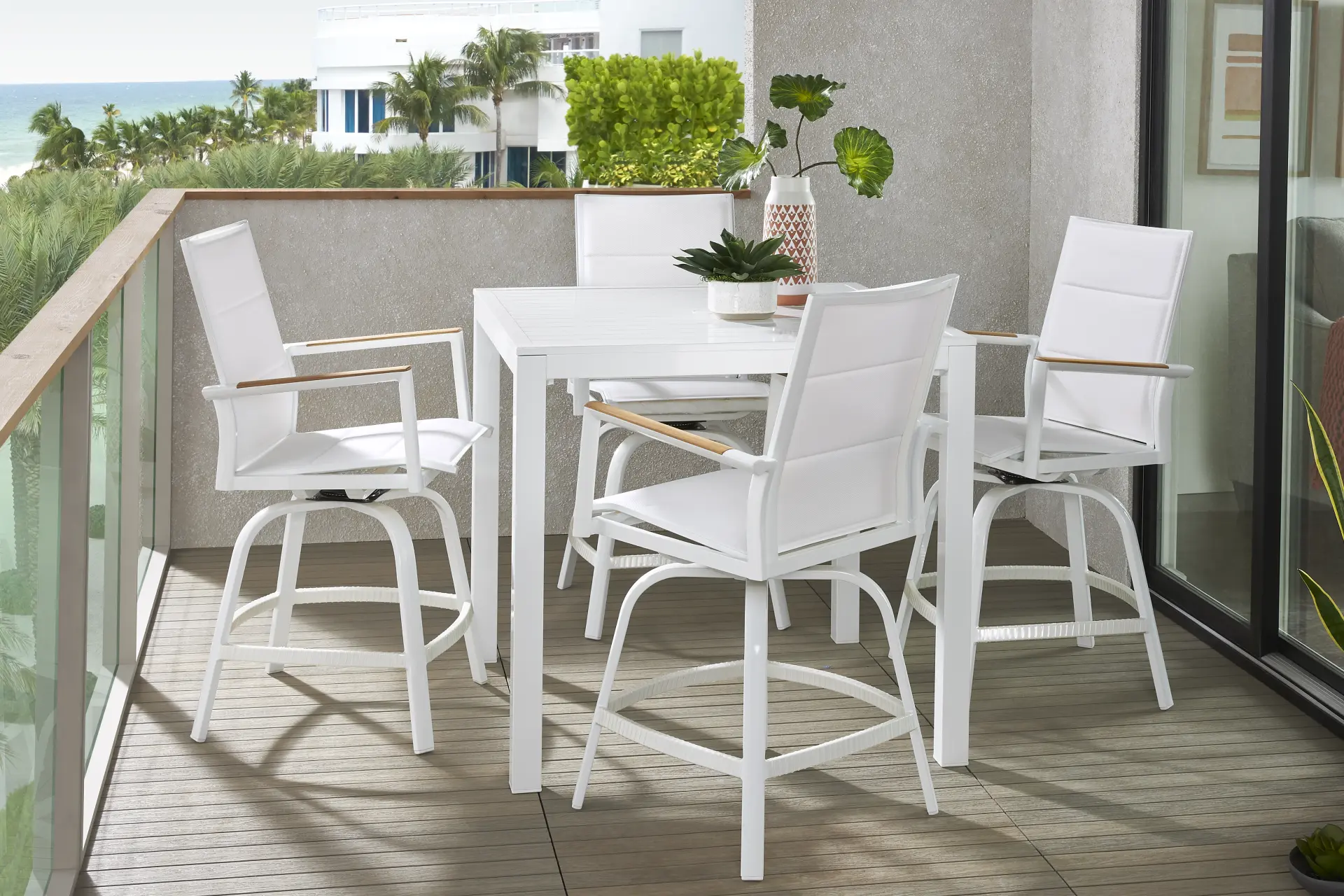 Solana White 5 Pc Outdoor Balcony Dining Set with Swivel Stools