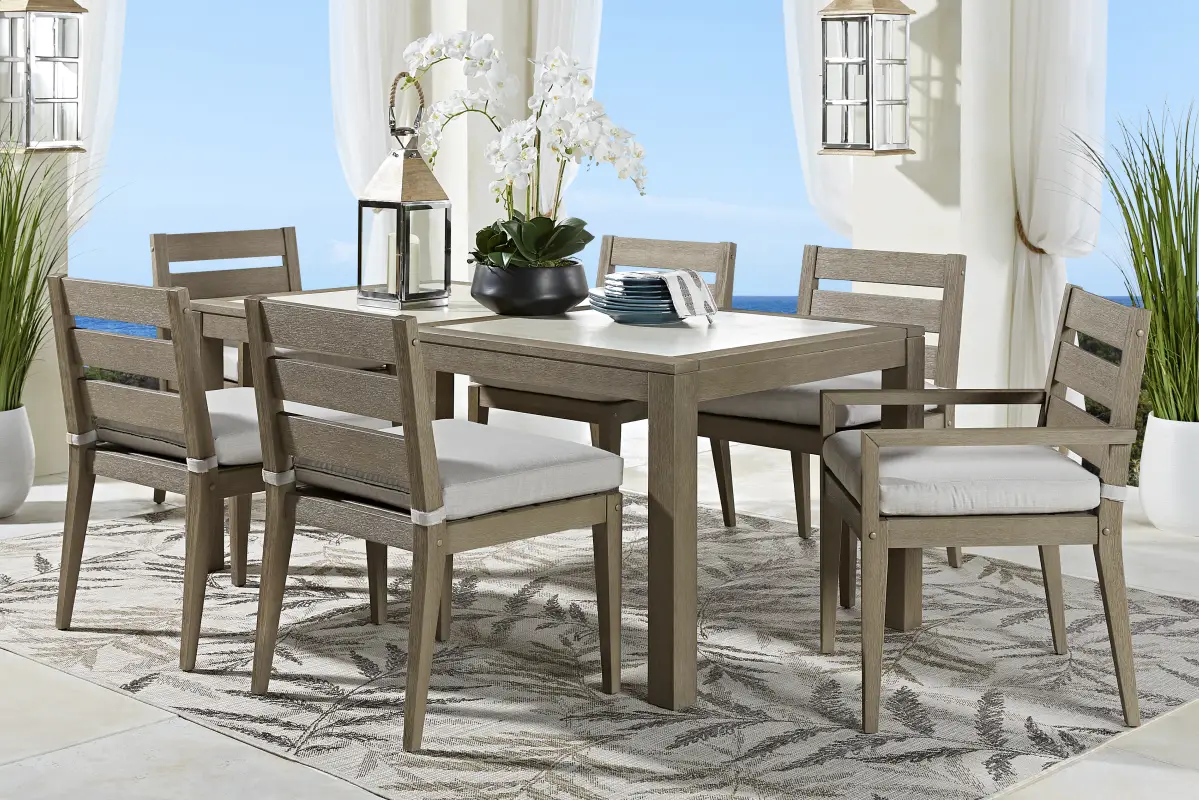 Lake Tahoe Gray 7 Pc Rectangle Outdoor Dining Set with Seagull Cushions