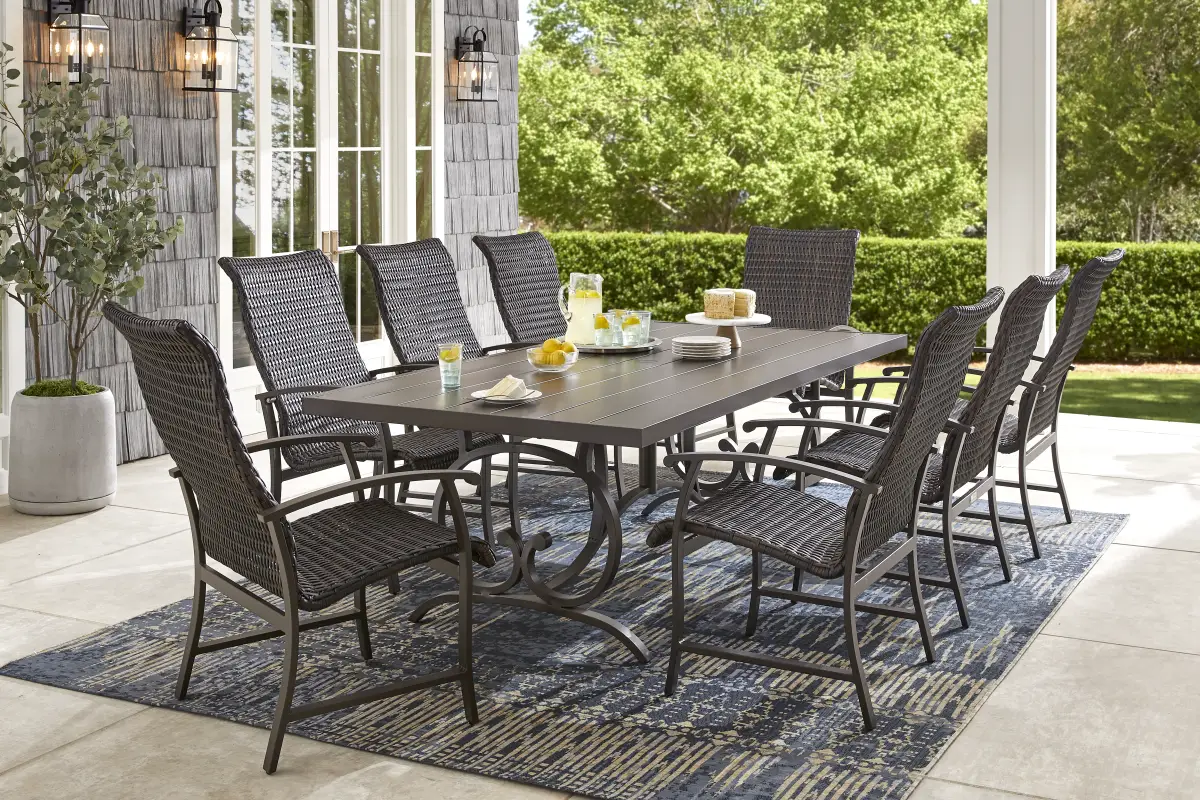 Lake Breeze Aged Bronze 9 Pc Outdoor 90 in. Rectangle Dining Set with Wicker Chairs