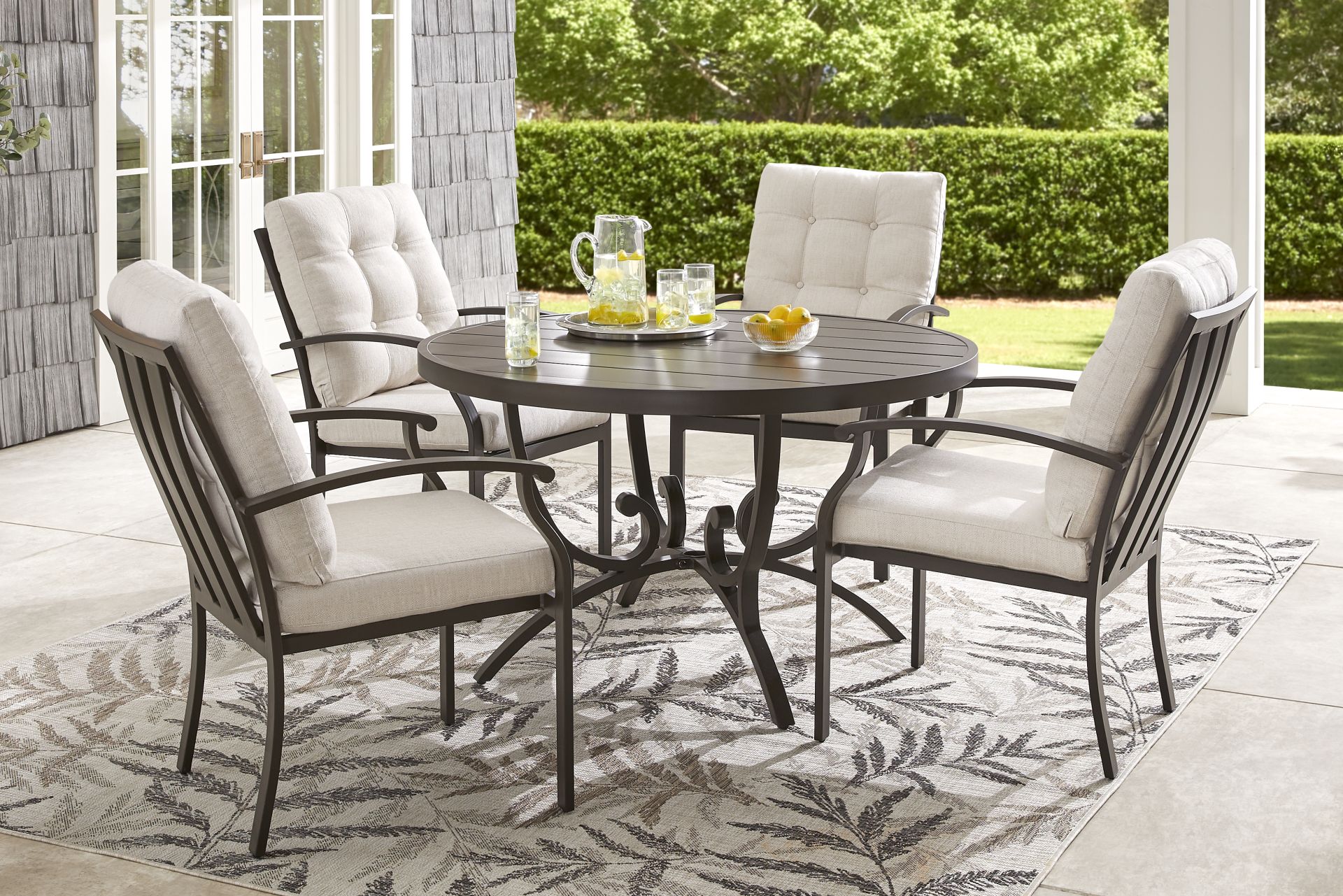 Lake Breeze Aged Bronze 5 Pc Round Outdoor Dining Set with Parchment Cushions - Image 1