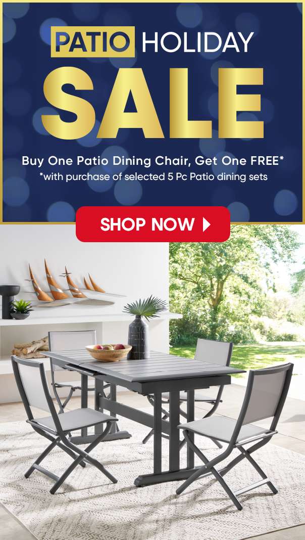 PATIO HOLIDAY SALE: Buy One Patio Dining Chair, Get One FREE*. Image of patio dining set.
