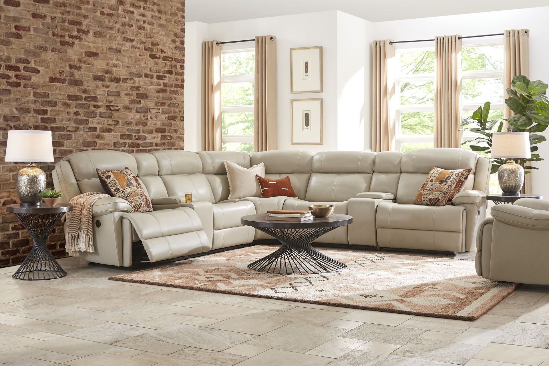 West Valley Beige Leather 6 Pc Reclining Sectional - Image 2