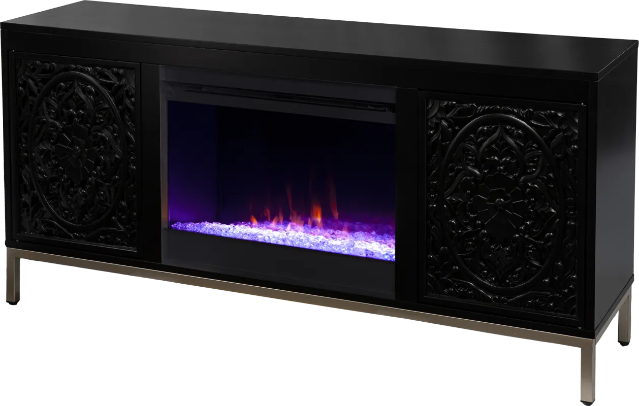 Baillon I Black 58 in. Console, With Color Changing Electric Fireplace