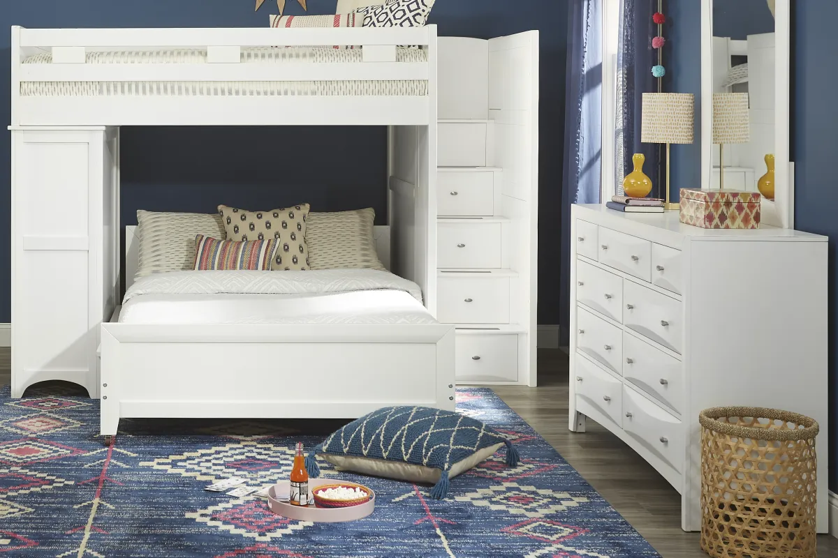Ivy League 2.0 White Full/Full Step Loft with Chest and Bookcase