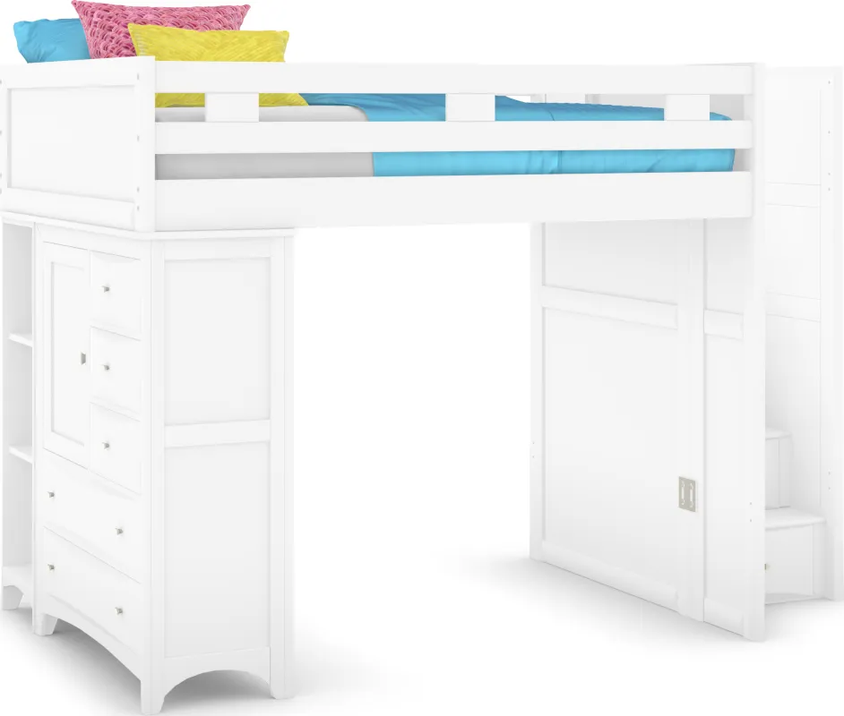 Ivy League 2.0 White Full Step Loft with Chest and Bookcase