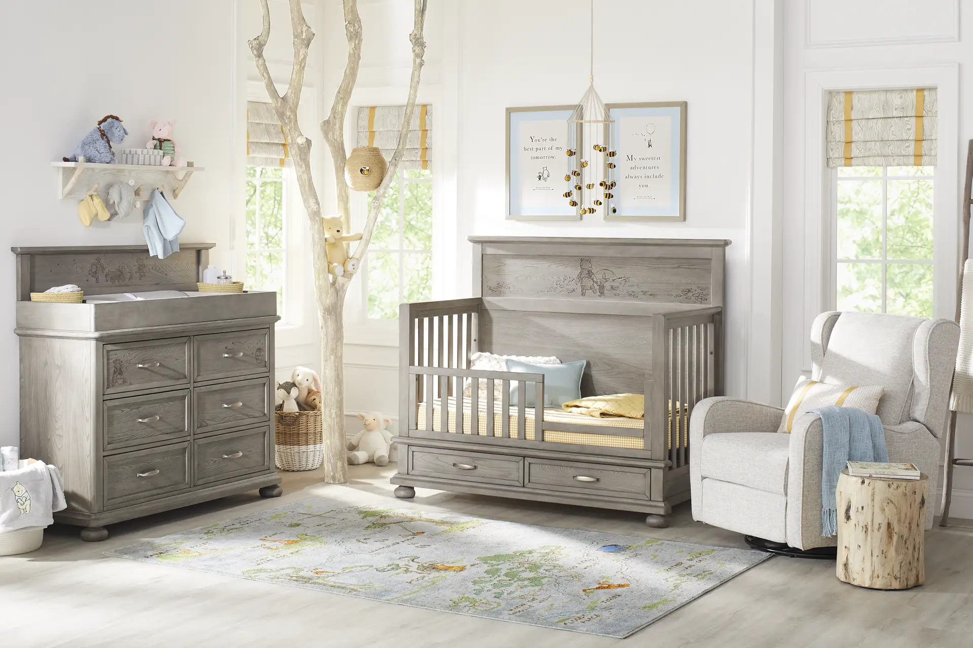 Disney Baby Woodland Adventures with Winnie the Pooh Classic Gray Nursery with Toddler Rails full room