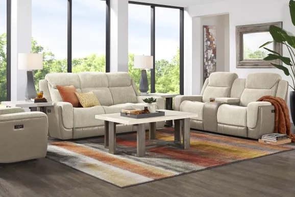 State Street Beige Dual Power Reclining Console Loveseat