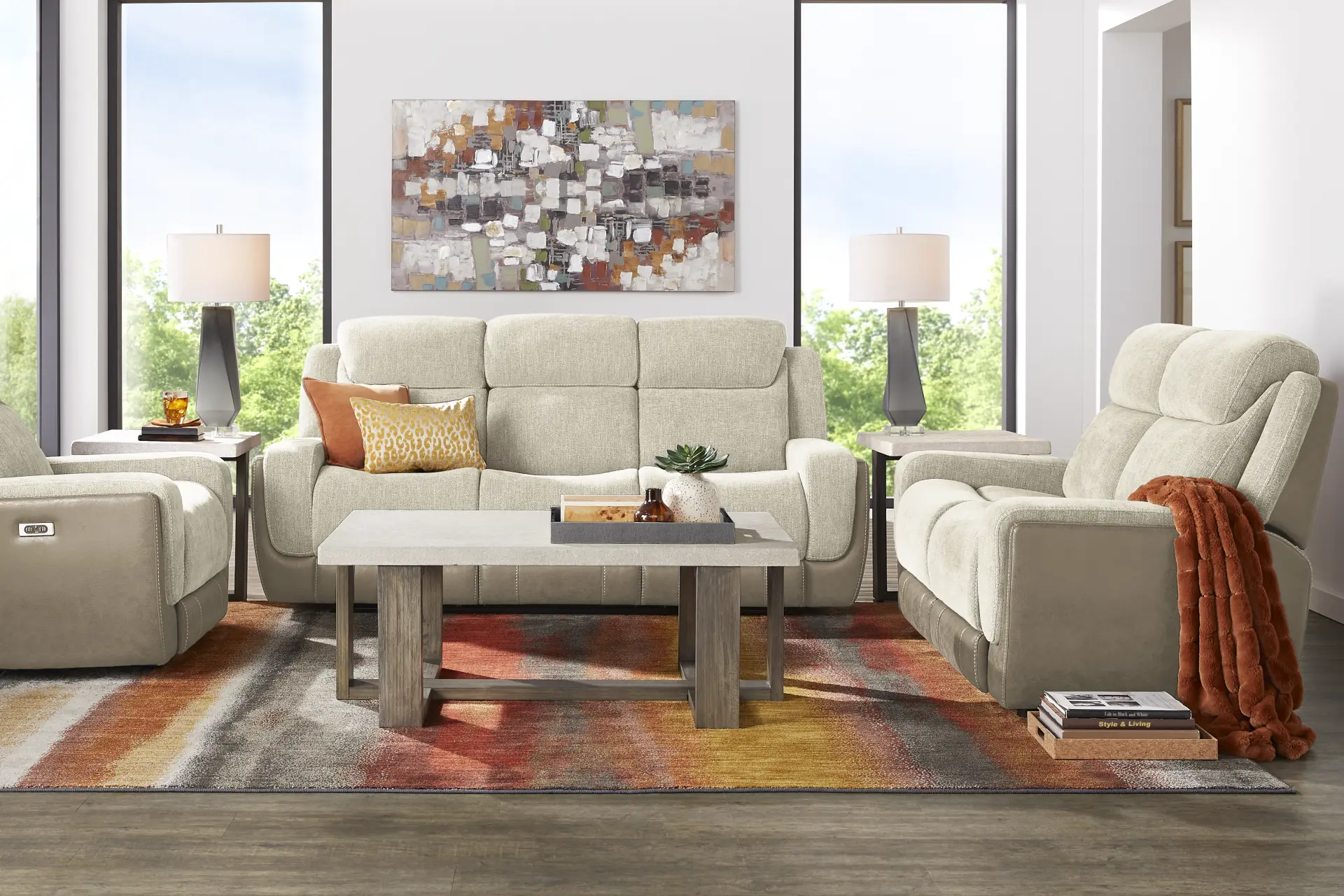 State Street Beige 8 Pc Living Room with Dual Power Reclining Sofa