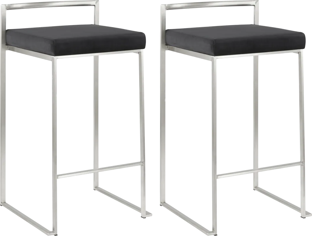 Sora Black Plush Brushed Metal Counter Height Stool, Set of 2