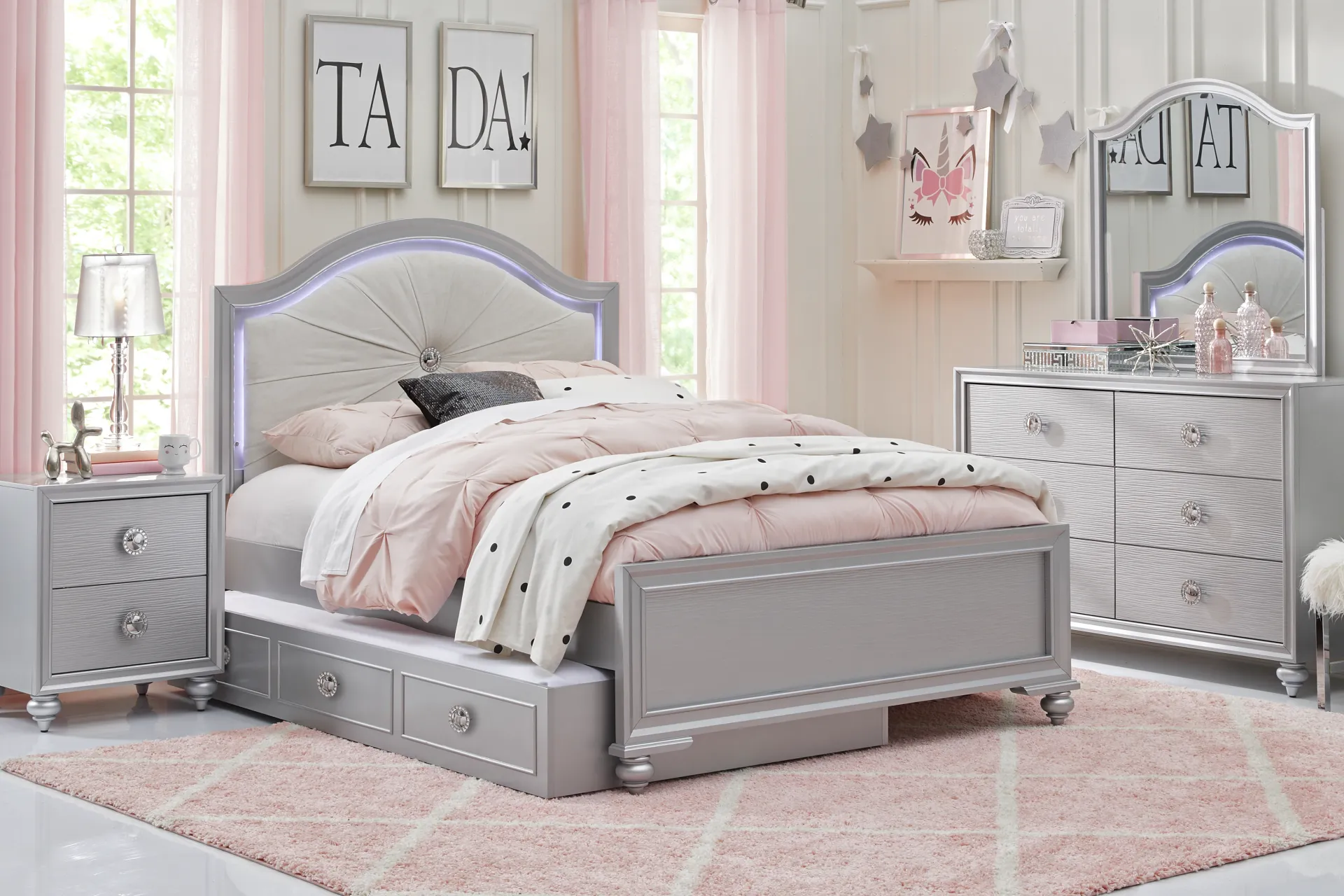 Kids Evangeline Silver Full Lighted Upholstered Bed with White LED - Image 1