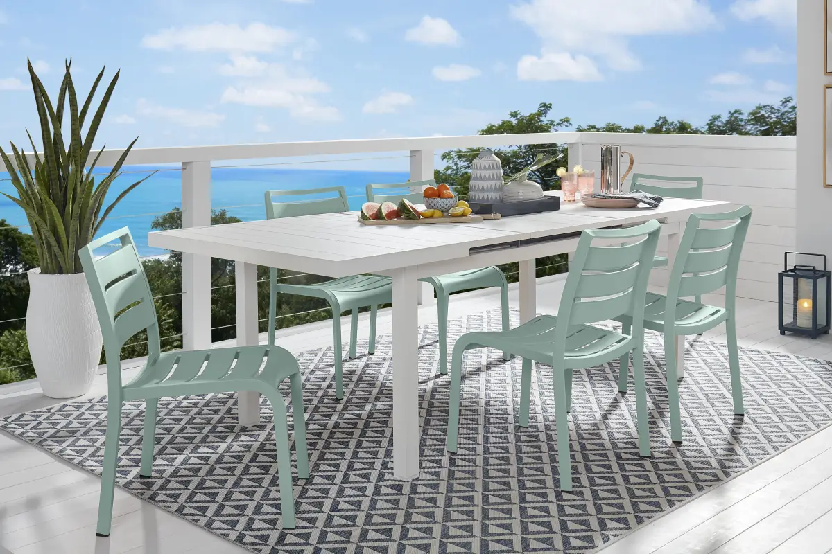 Park Walk White 7 Pc 73 - 97 in. Rectangle Extension Outdoor Dining Set with Surf Chairs