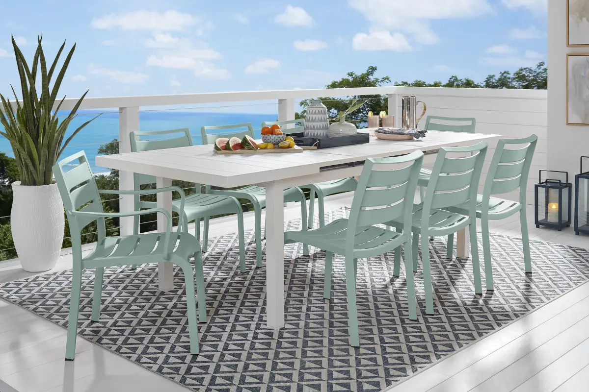 Park Walk White 9 Pc 73 - 97 in. Rectangle Extension Outdoor Dining Set with Surf Chairs
