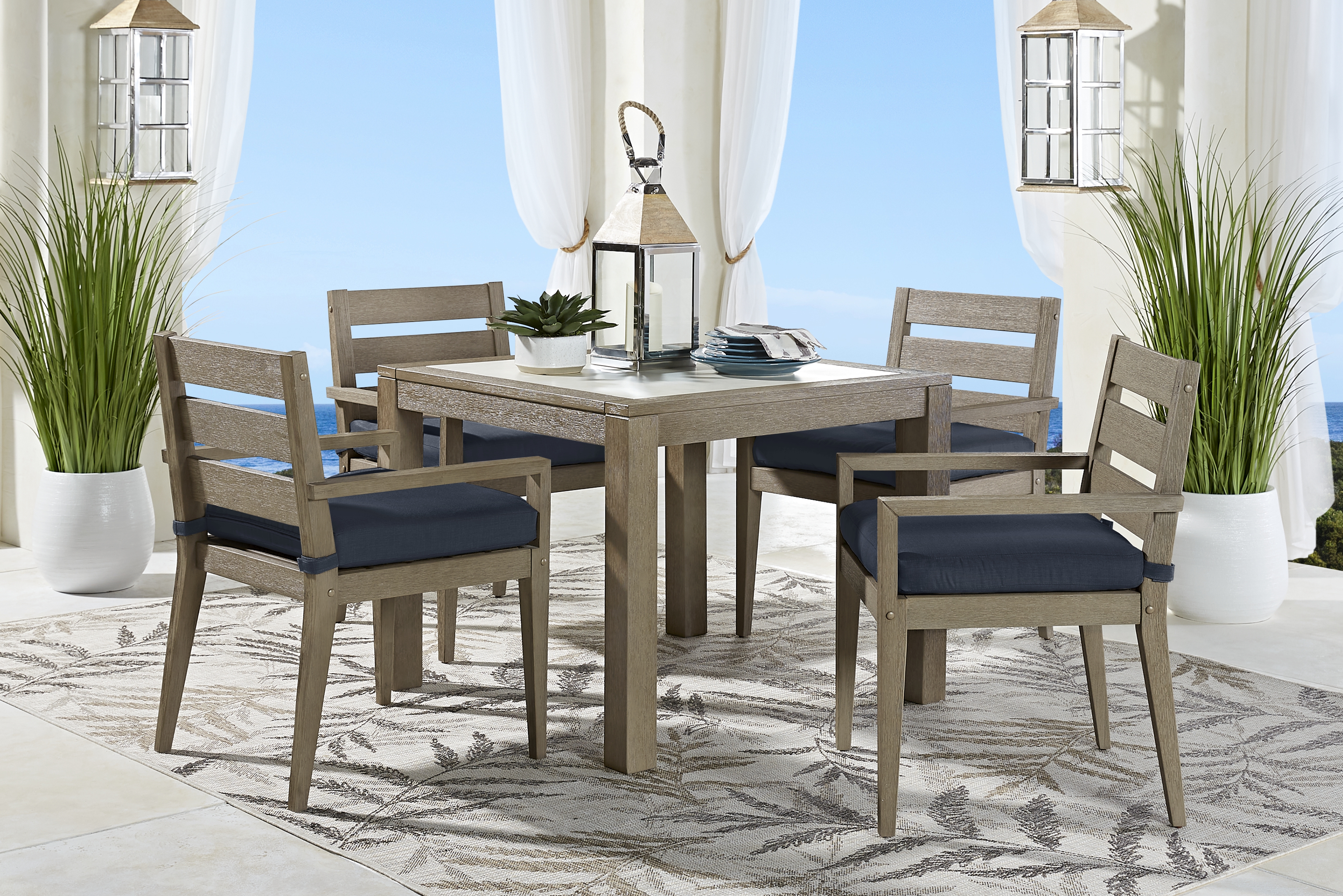 Lake Tahoe Gray 5 Pc Square Outdoor Dining Set with Indigo Cushions - Thumbnail - Image 1