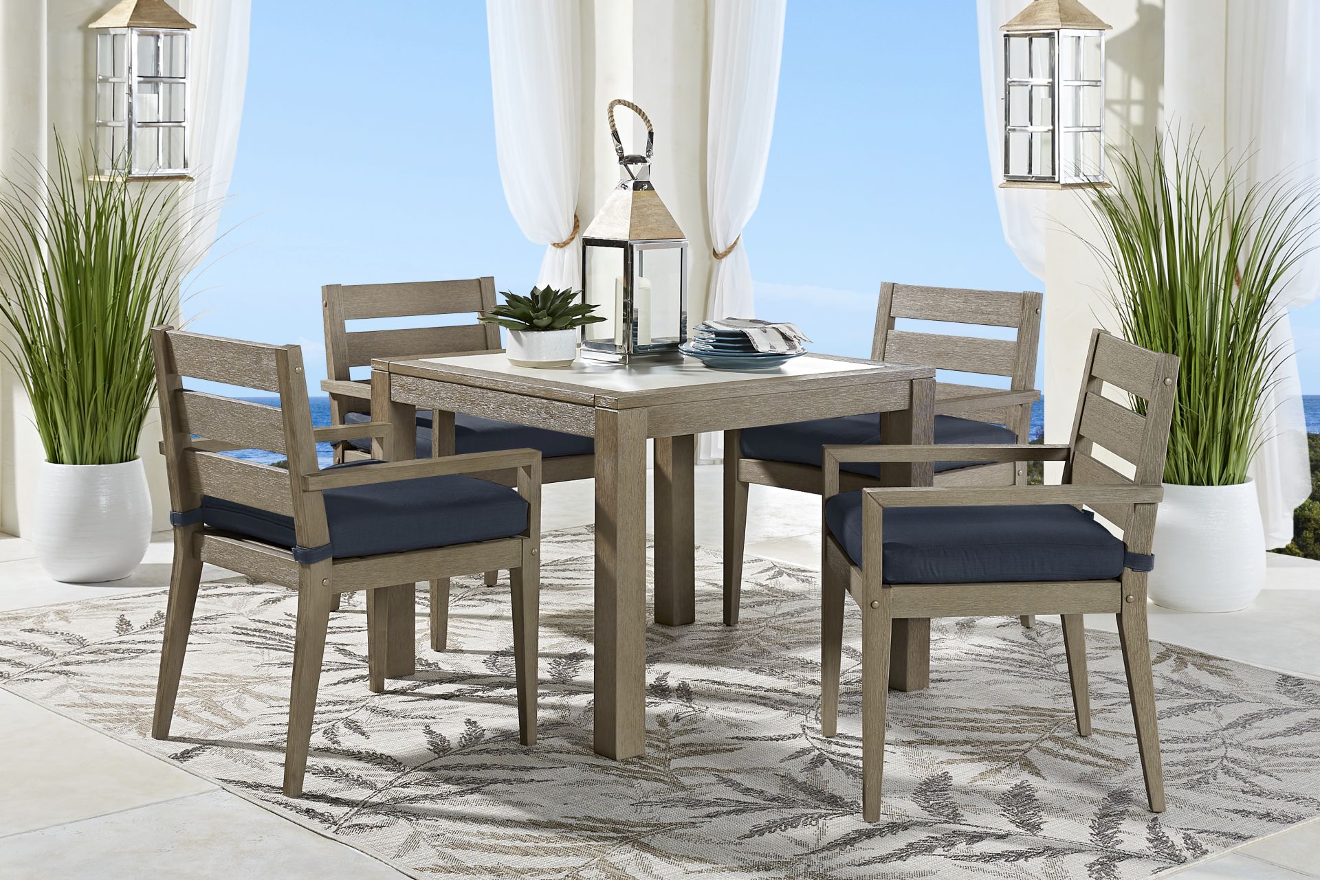 Lake Tahoe Gray 5 Pc Square Outdoor Dining Set with Indigo Cushions - Image 1