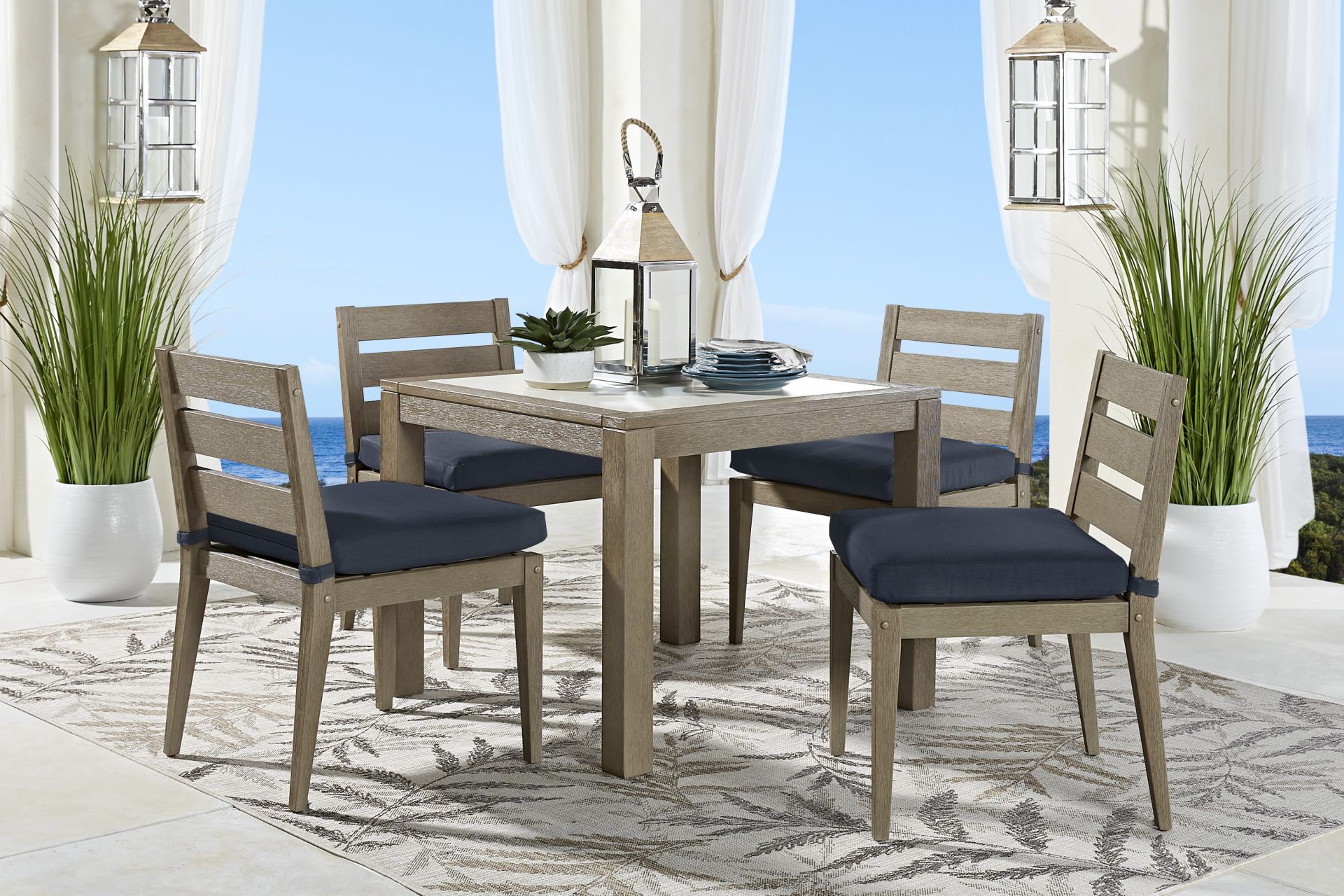 Lake Tahoe Gray 5 Pc Square Outdoor Dining Set with Indigo Cushions - Image 1