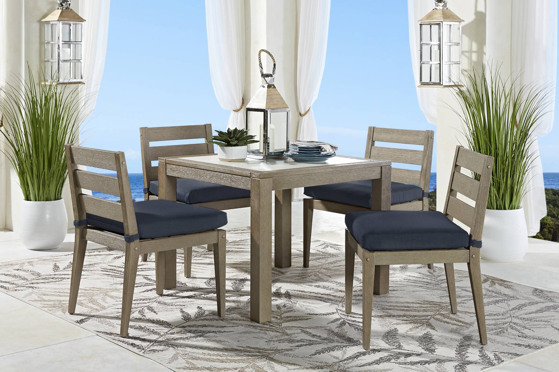 Lake Tahoe Gray 5 Pc Square Outdoor Dining Set with Indigo Cushions full room