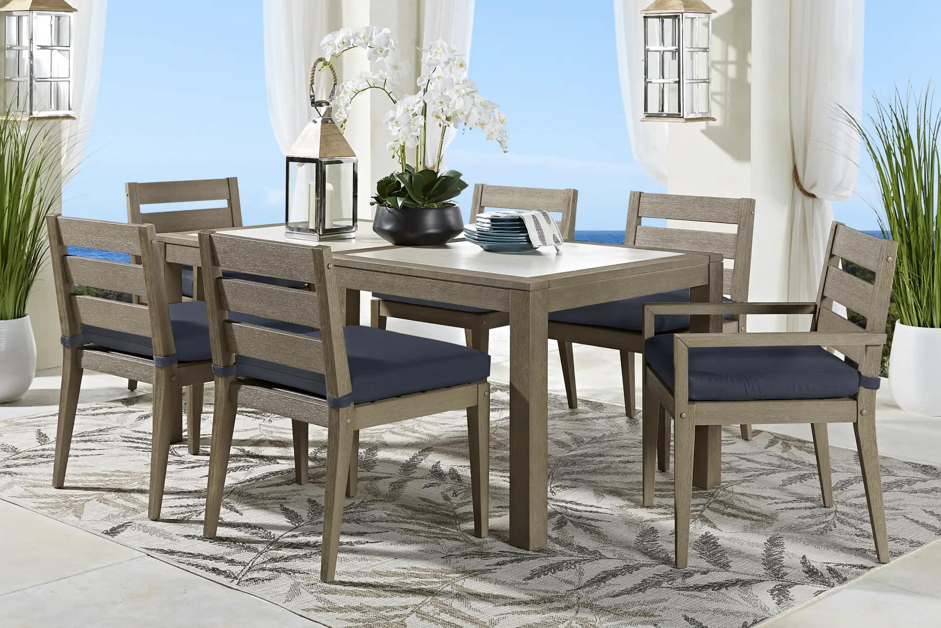 Lake Tahoe Gray 5 Pc Rectangle Outdoor Dining Set with Indigo Cushions