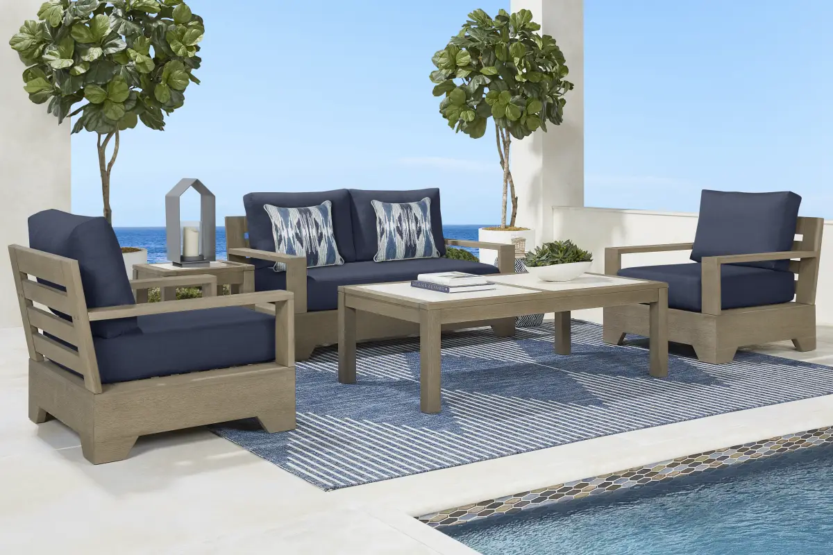Lake Tahoe Gray Outdoor Loveseat with Indigo Cushions