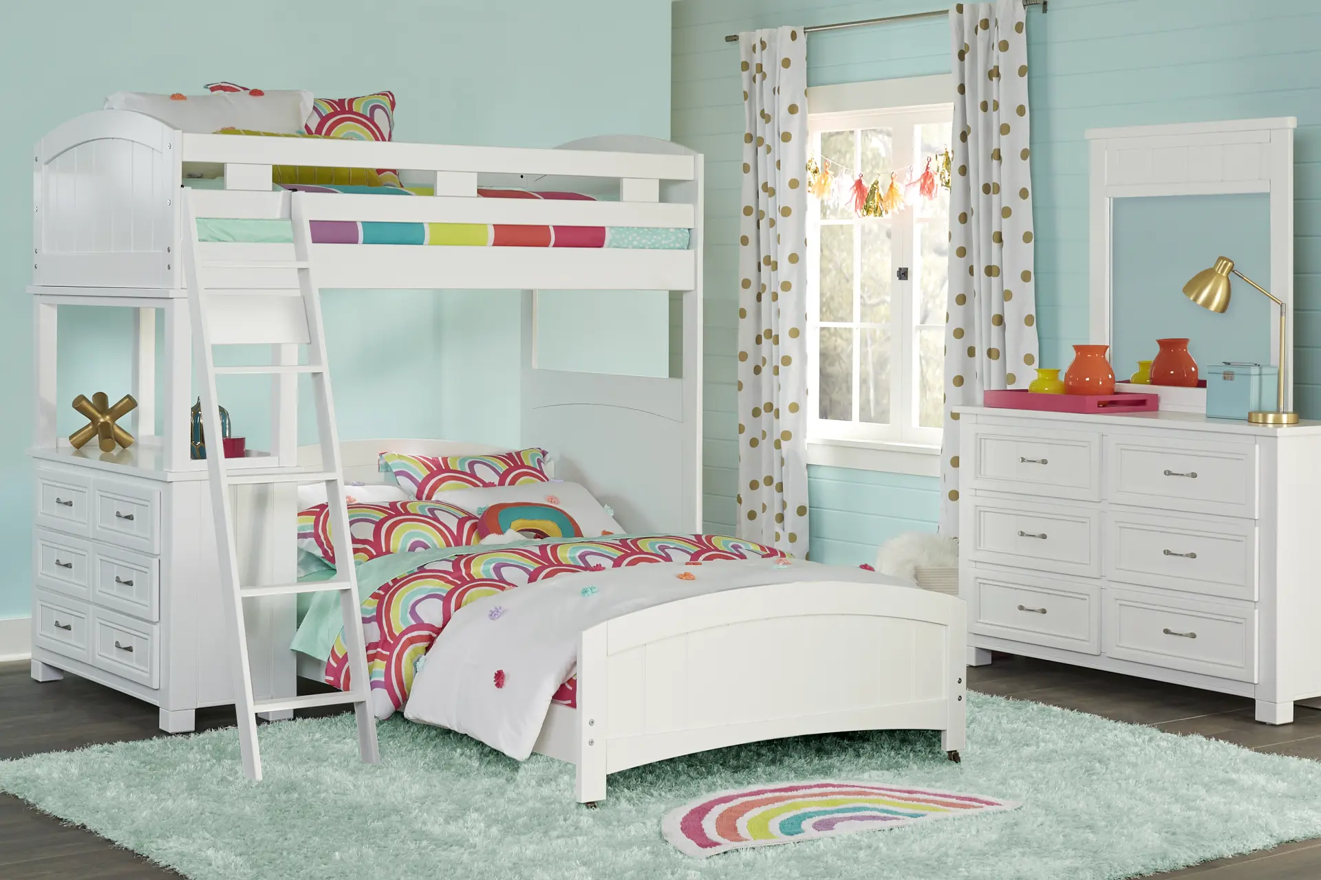 Kids Cottage Colors White Twin/Full Loft Bed with Dresser