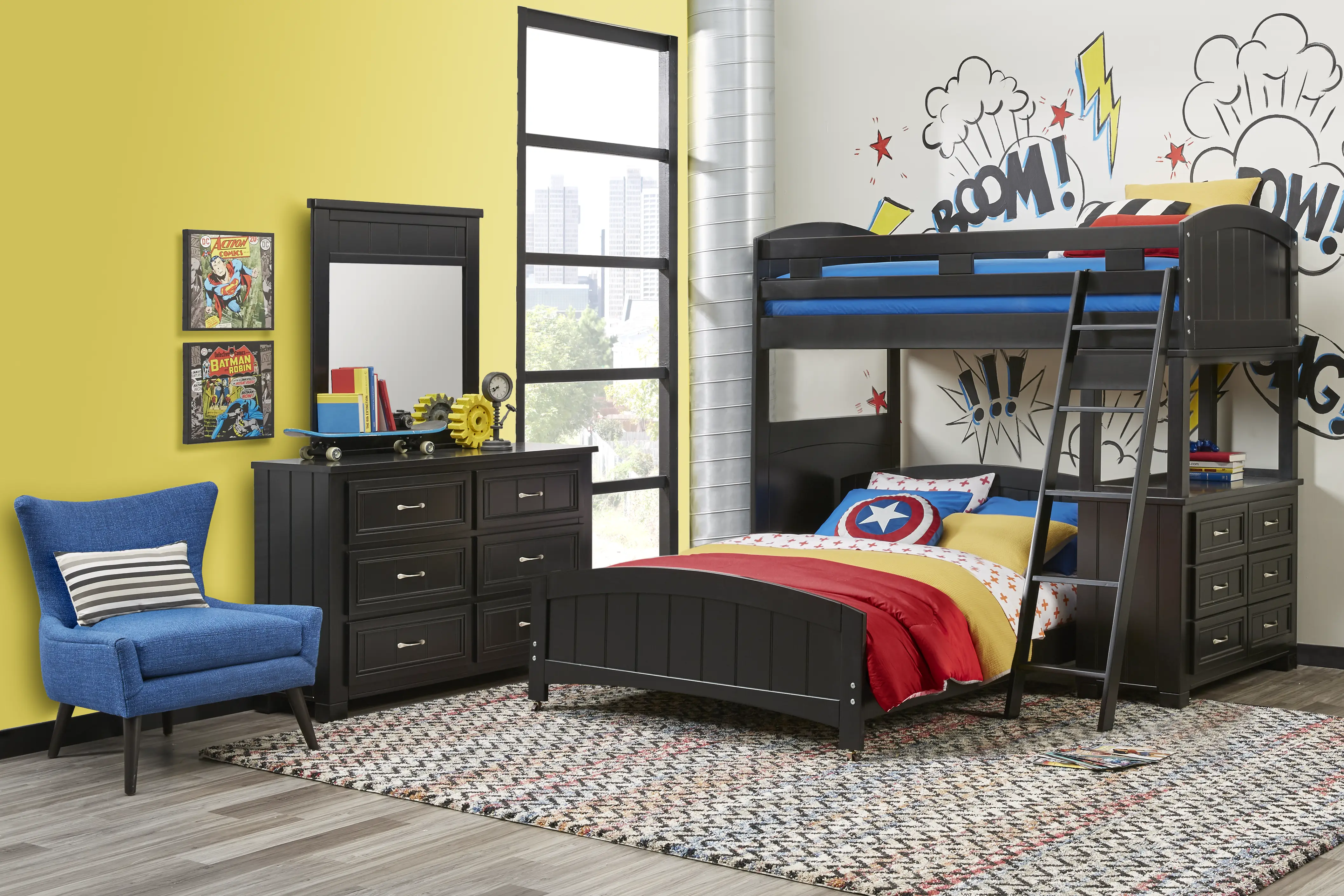 Kids Cottage Colors Black Twin/Full Loft Bunk Bed with Dresser - Thumbnail - Image 2