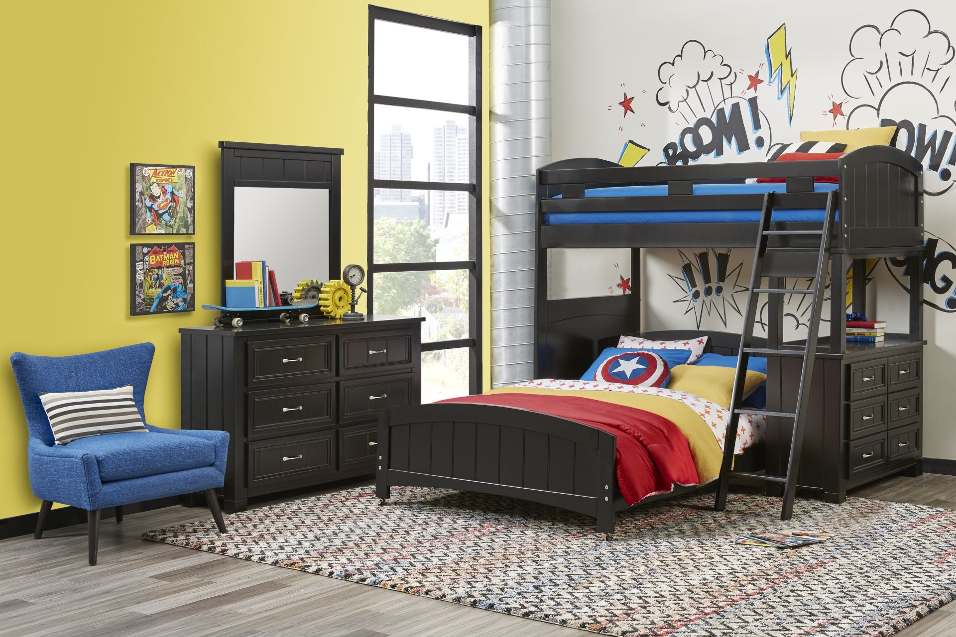 Kids Cottage Colors Black Twin/Full Loft Bunk Bed with Dresser - Image 2