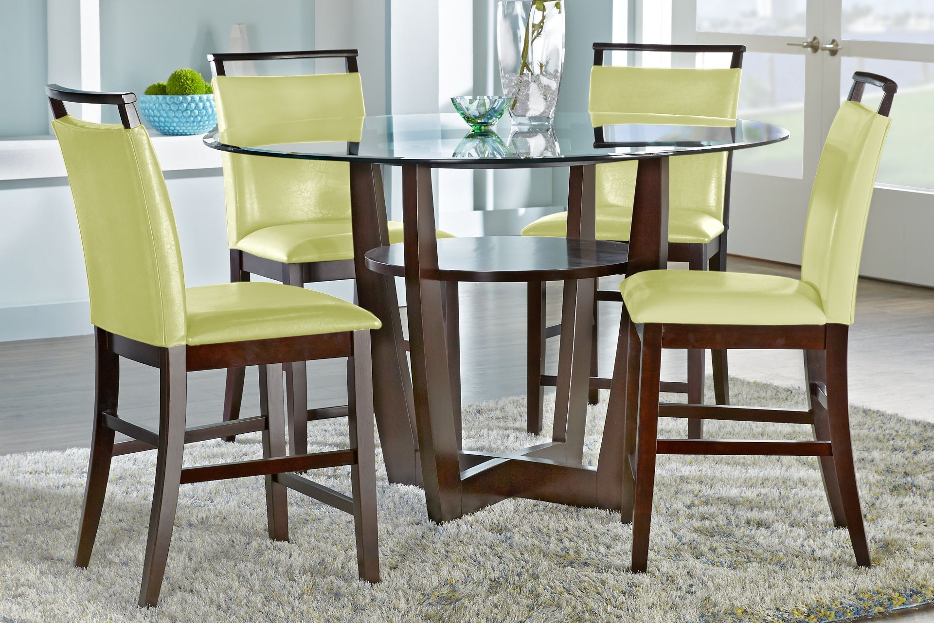 Ciara Espresso 5 Pc 54" Round Counter Height Dining Set with Green Stools - Image 1