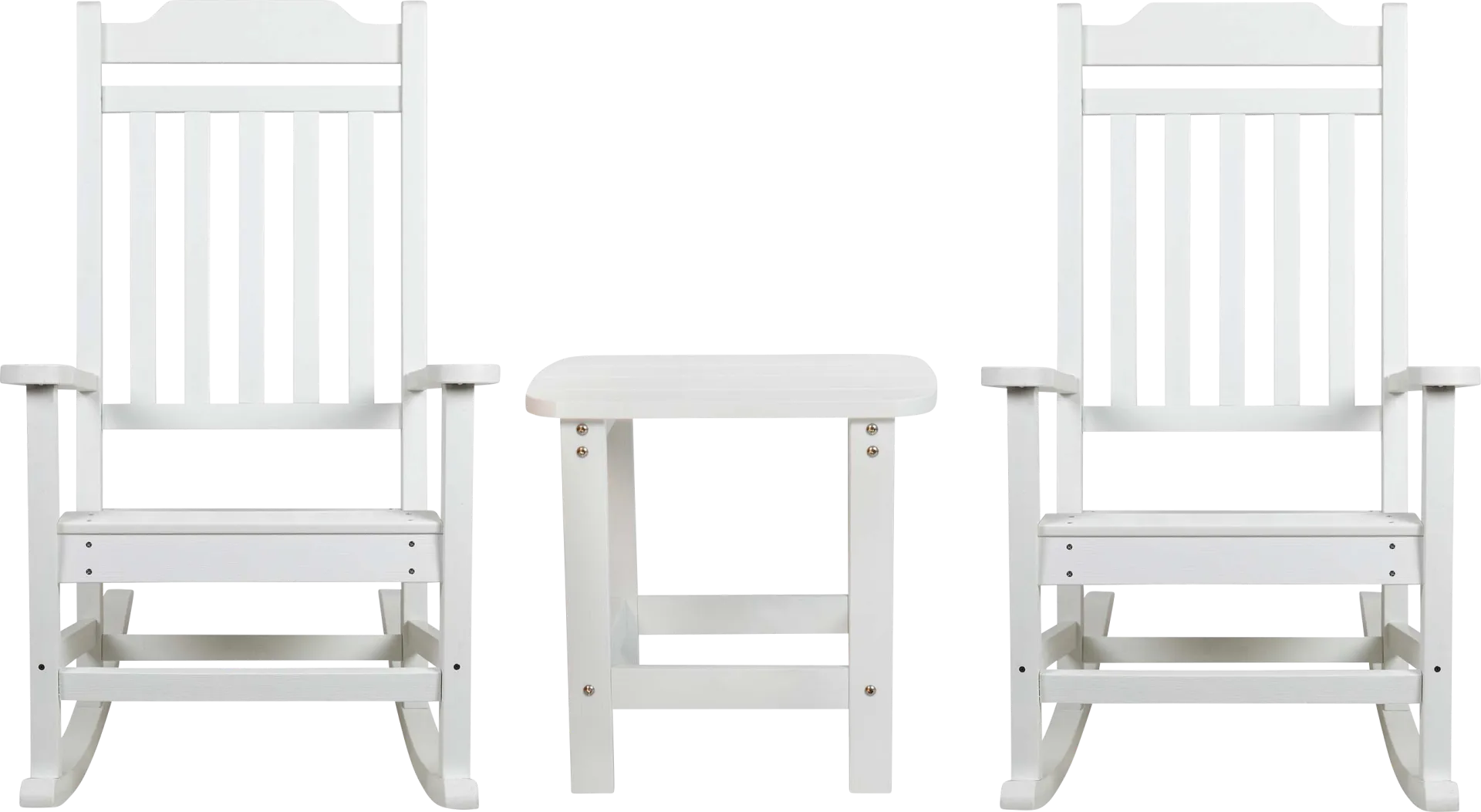 Outdoor Winnie Elle White Rocking Chairs and Accent Table - Image 1