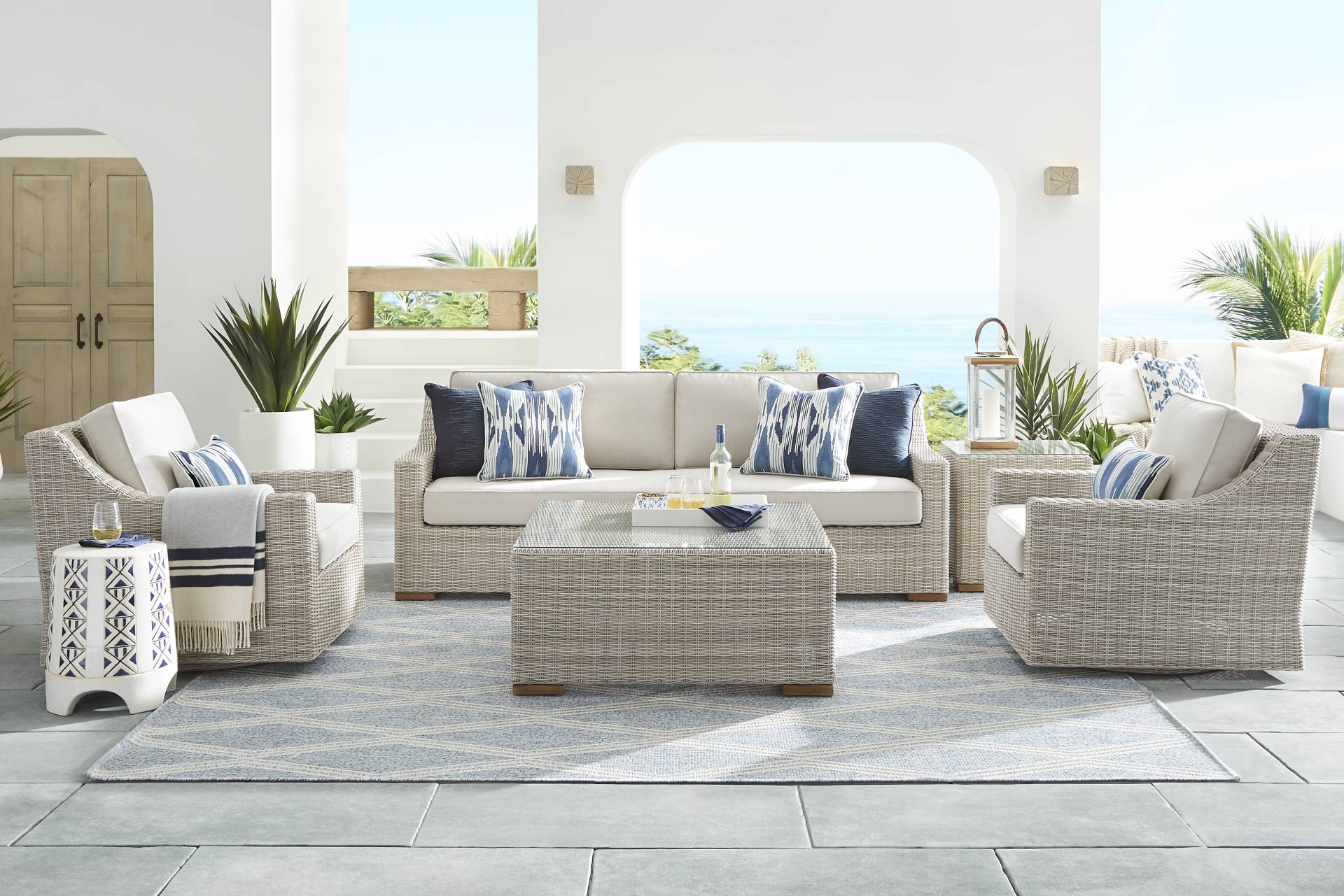 Patmos Gray 4 Pc Outdoor Sofa Seating Set with Linen Cushions full room