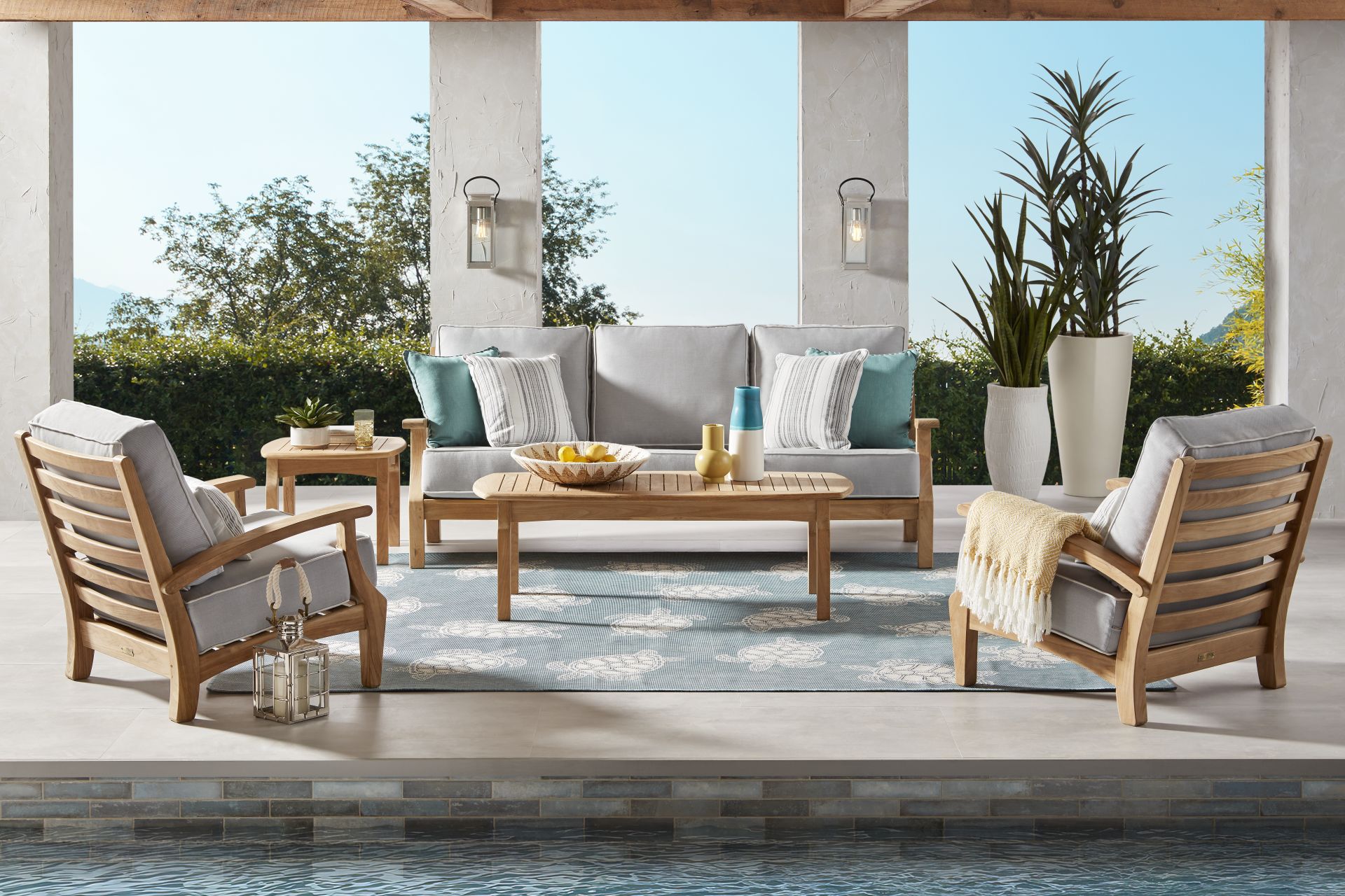 Pleasant Bay Teak 3 Pc Outdoor Seating Set with Dove Cushions - Image 1