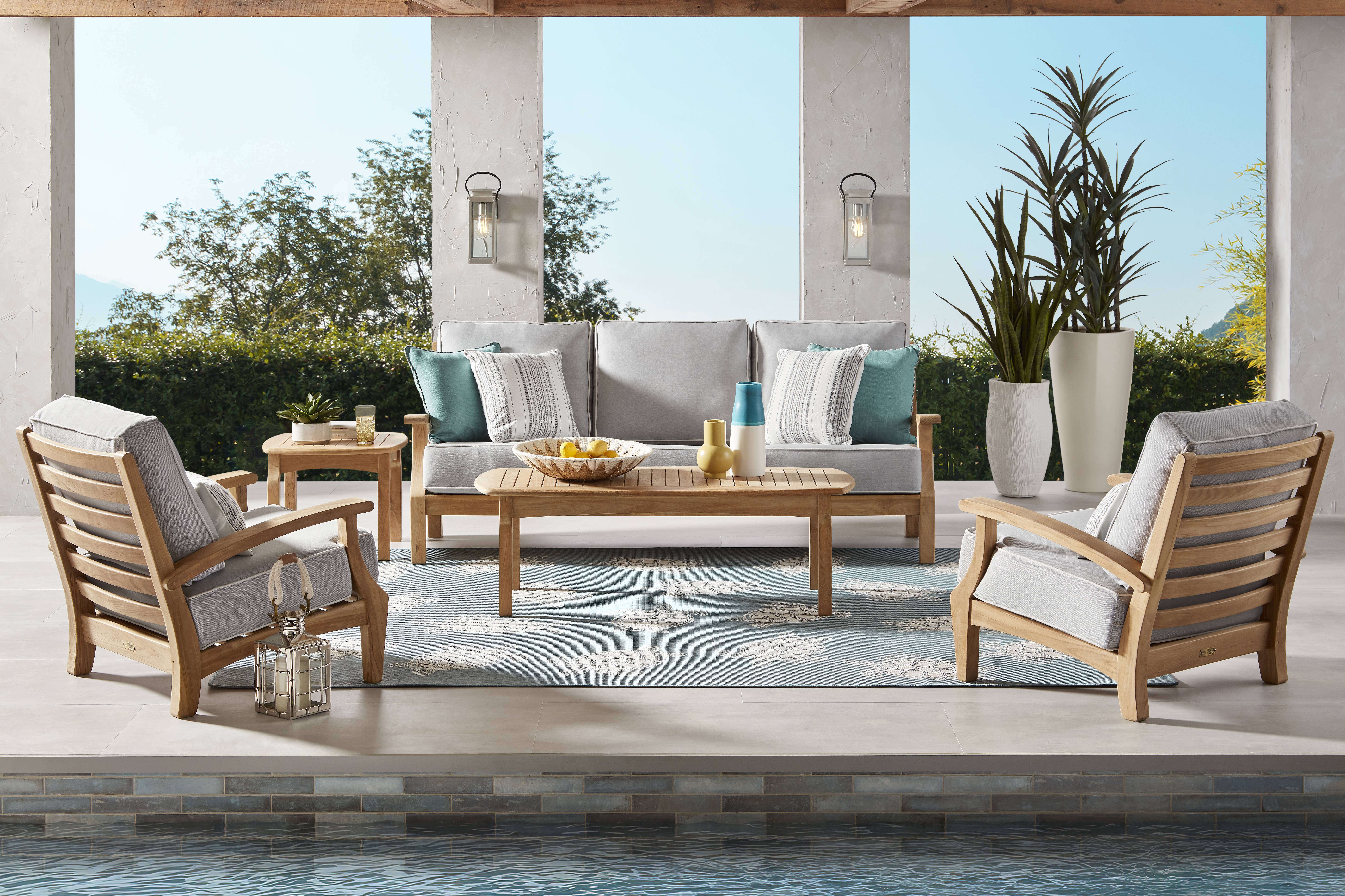 Pleasant Bay Teak 4 Pc Outdoor Seating Set with Pewter Cushions - Thumbnail - Image 1