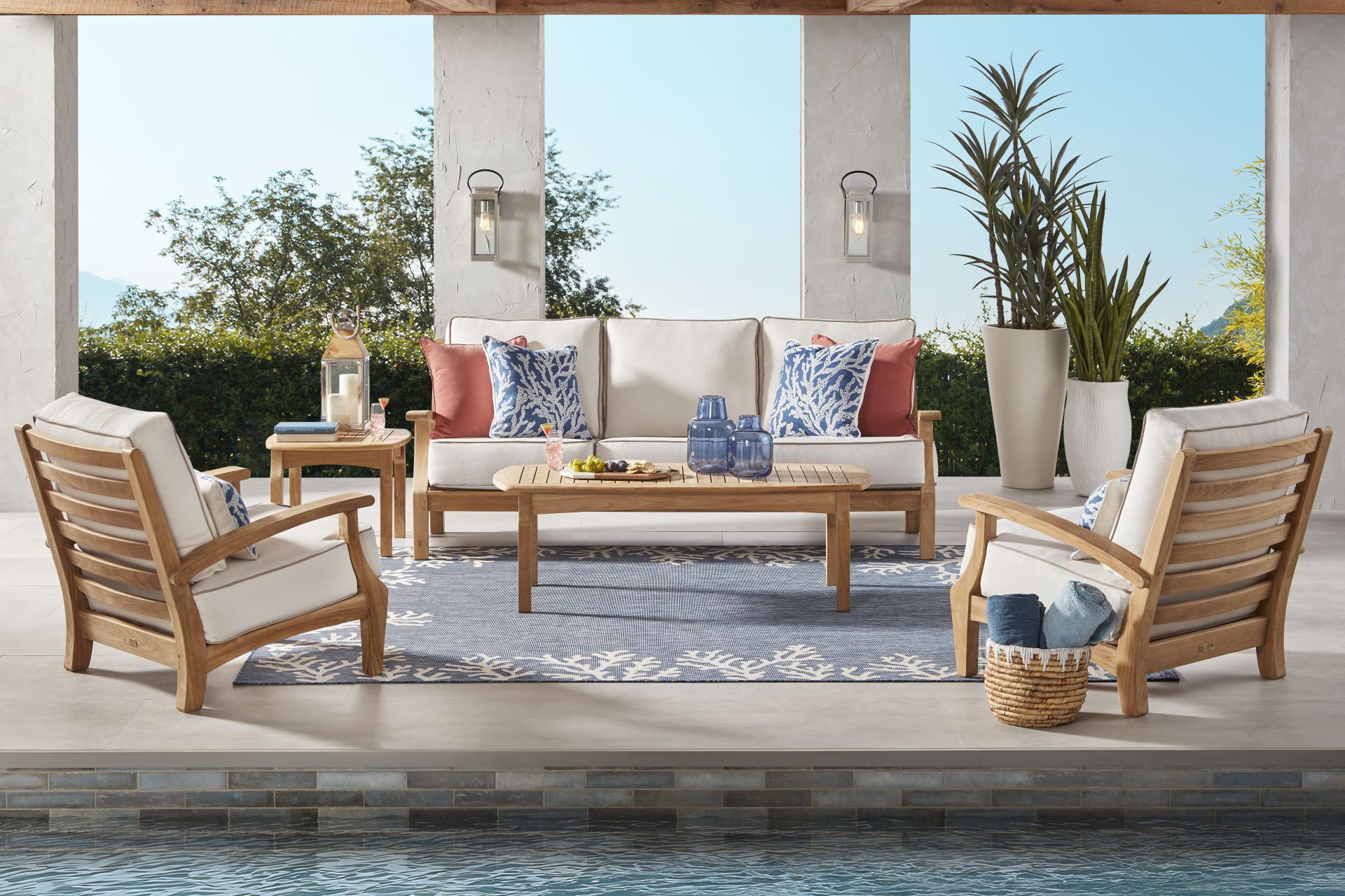 Pleasant Bay Teak 4 Pc Outdoor Seating Set with Vapor Cushions - Image 1