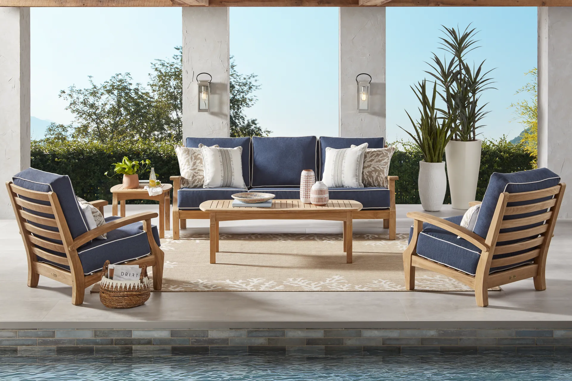 Pleasant Bay Teak 4 Pc Outdoor Seating Set with Indigo Cushions - Image 1