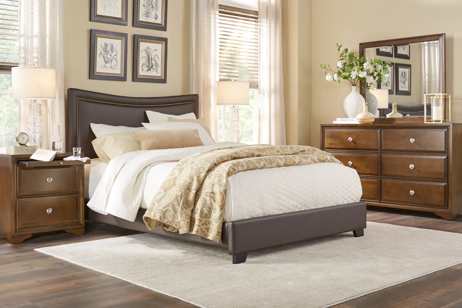Belcourt Brown Cherry Finish 5 Pc Bedroom with Genoa Brown King Upholstered Bed - Image 1
