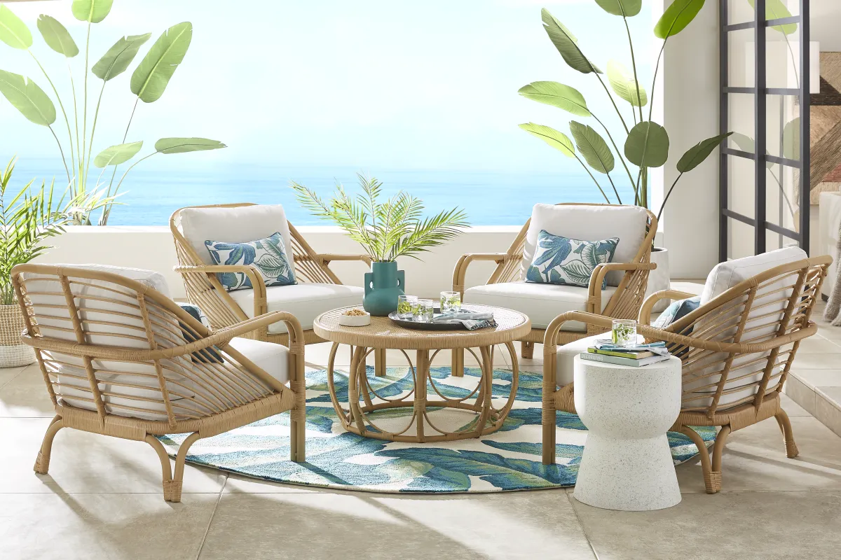 Coronado Sandstone 5 Pc Round Outdoor Chat Seating Set with Sand Cushions