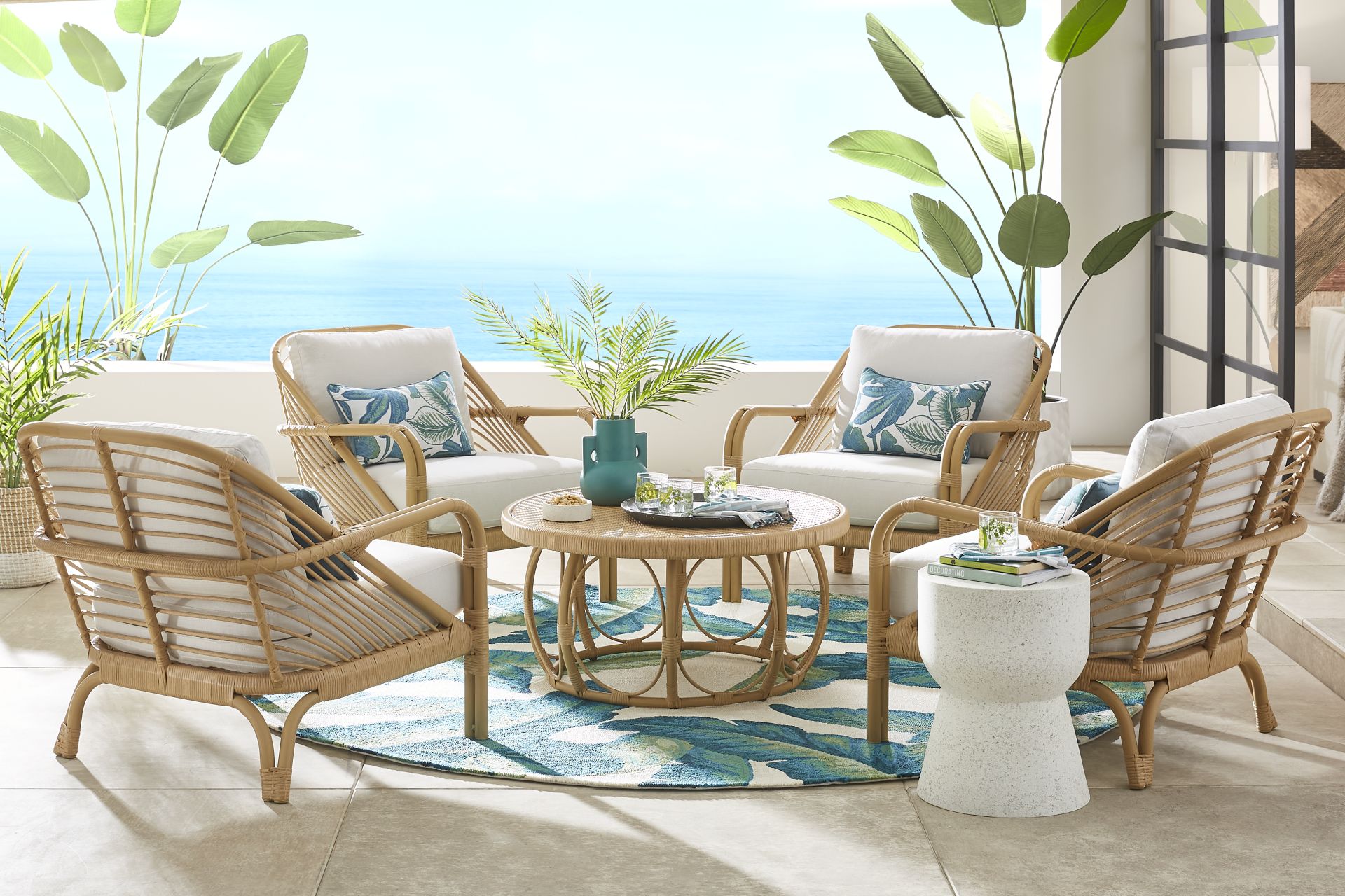 Coronado Sandstone 5 Pc Round Outdoor Chat Seating Set with Sand Cushions - Image 1